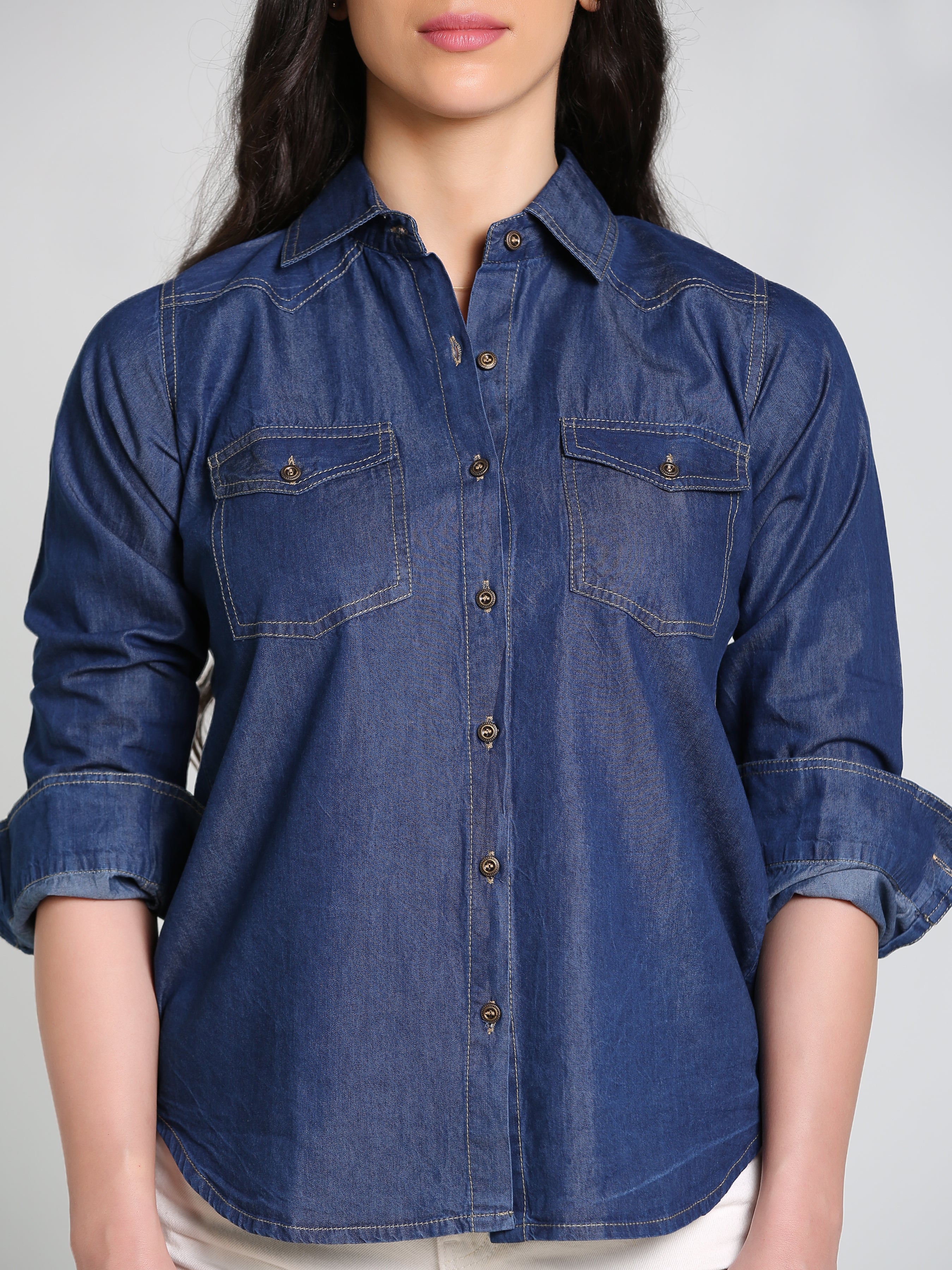 Denim Fawn Stitch Shloulder Patch Both Side Pocket Shirt