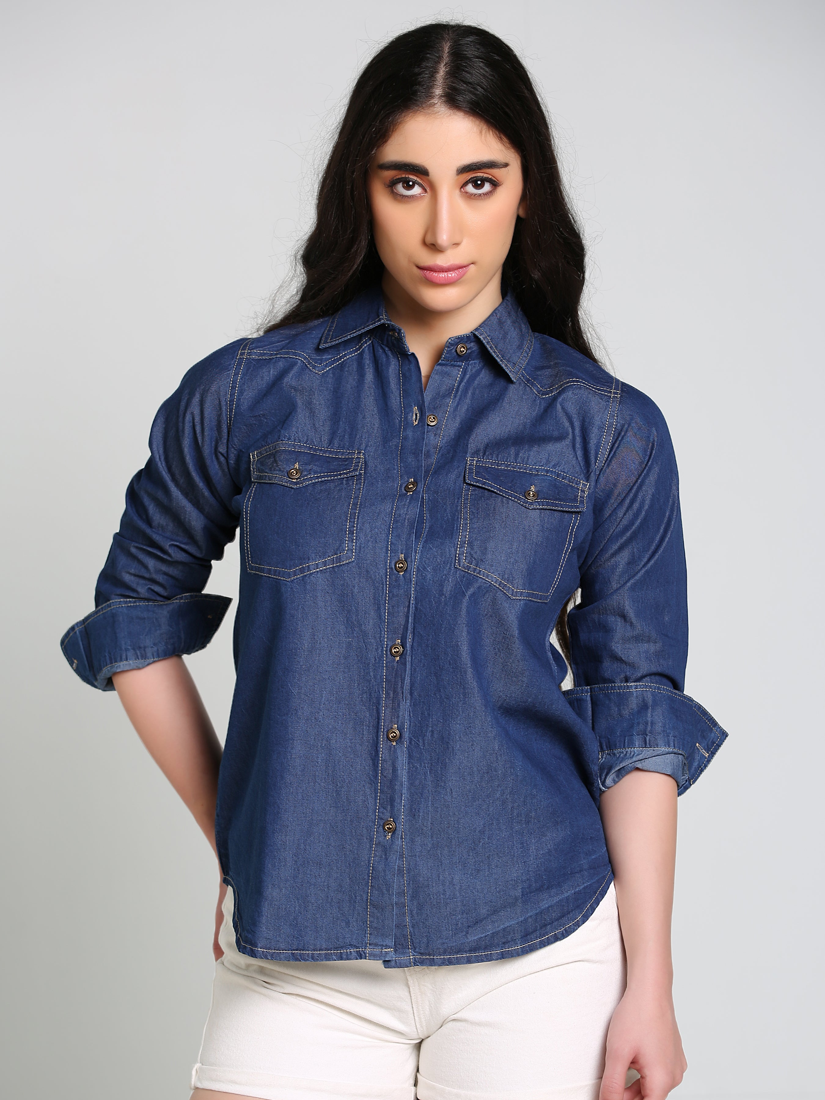 Denim Fawn Stitch Shloulder Patch Both Side Pocket Shirt