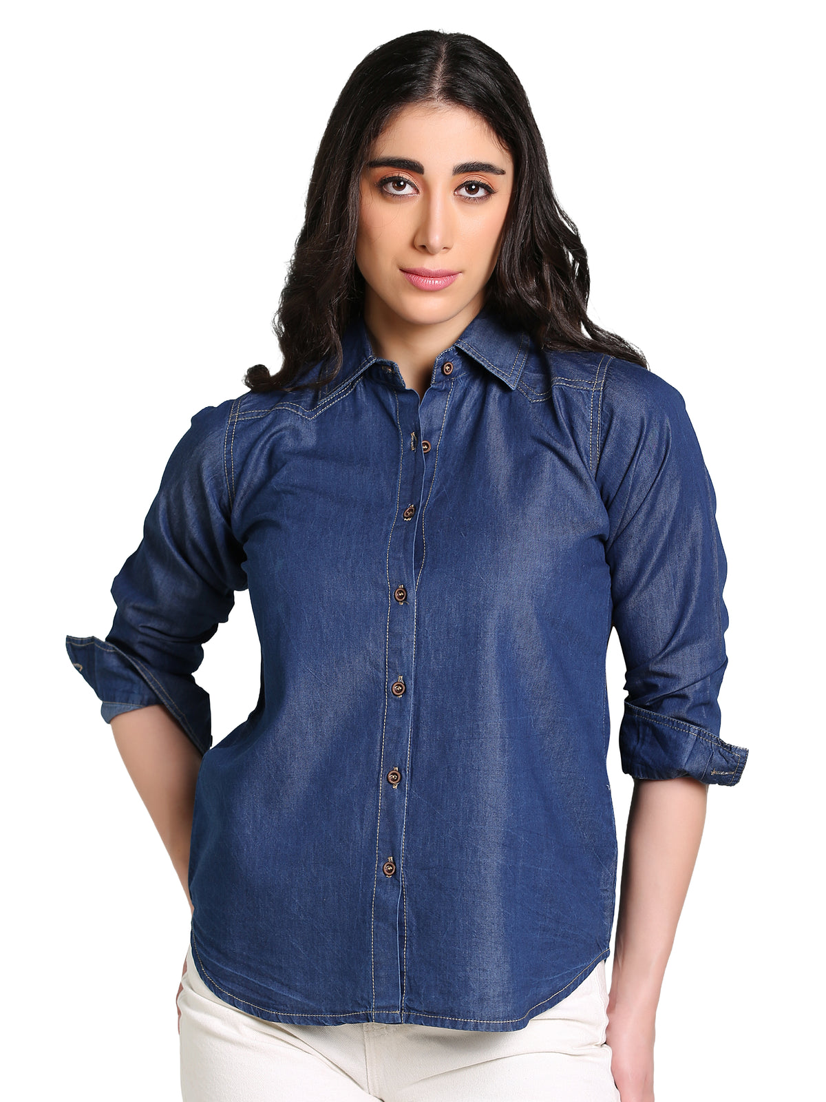 Denim Fawn Stitch Shoulder Patch Solid Shirt