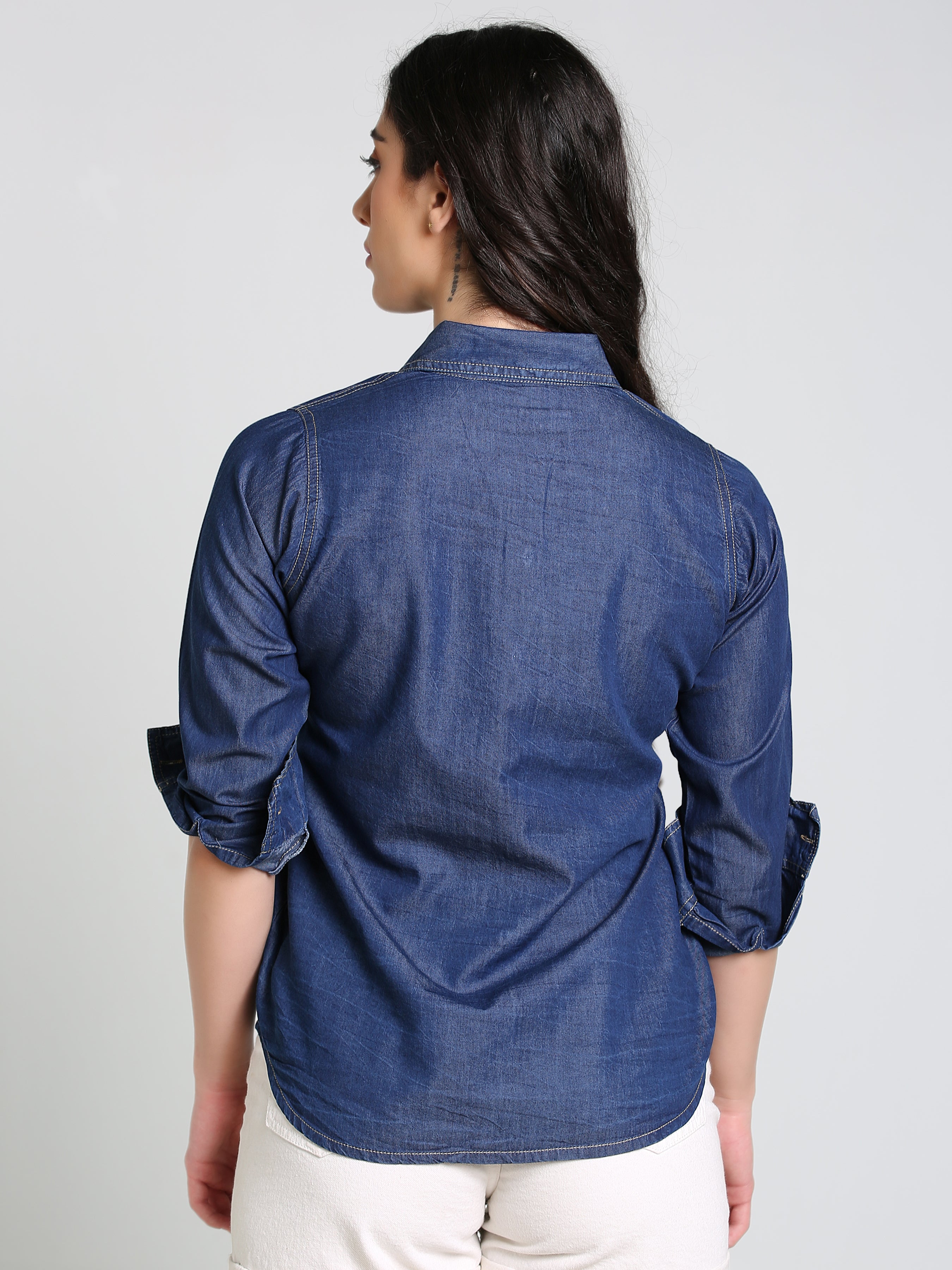 Denim Fawn Stitch Shoulder Patch Solid Shirt
