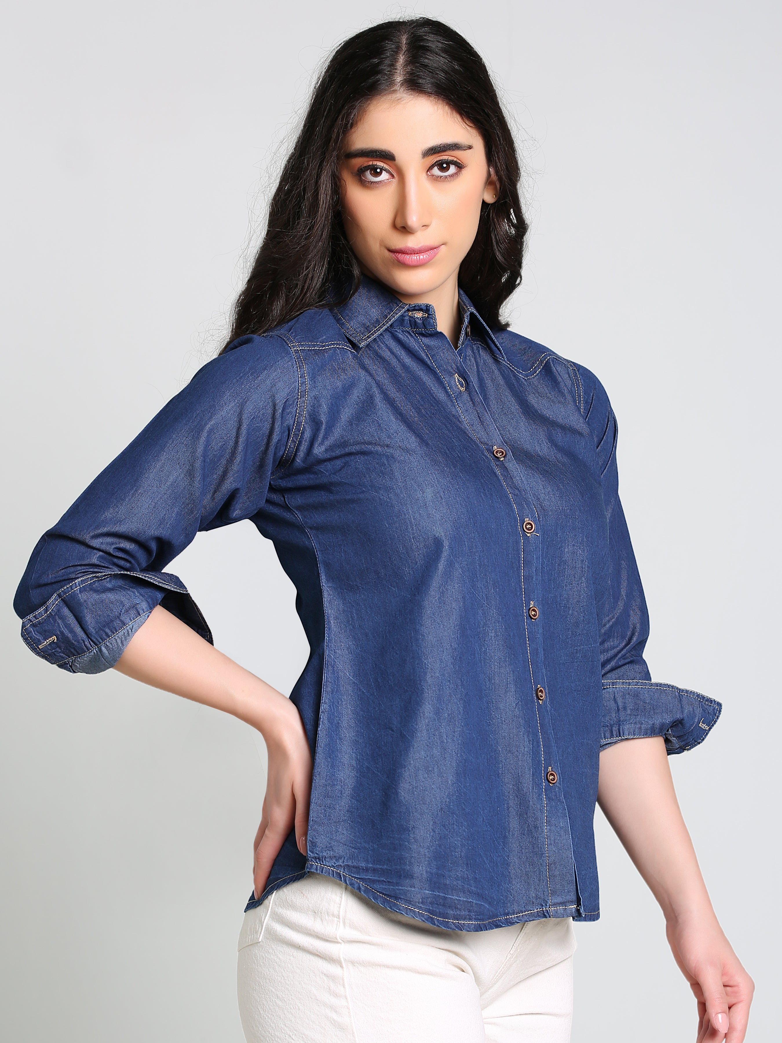 Denim Fawn Stitch Shoulder Patch Solid Shirt