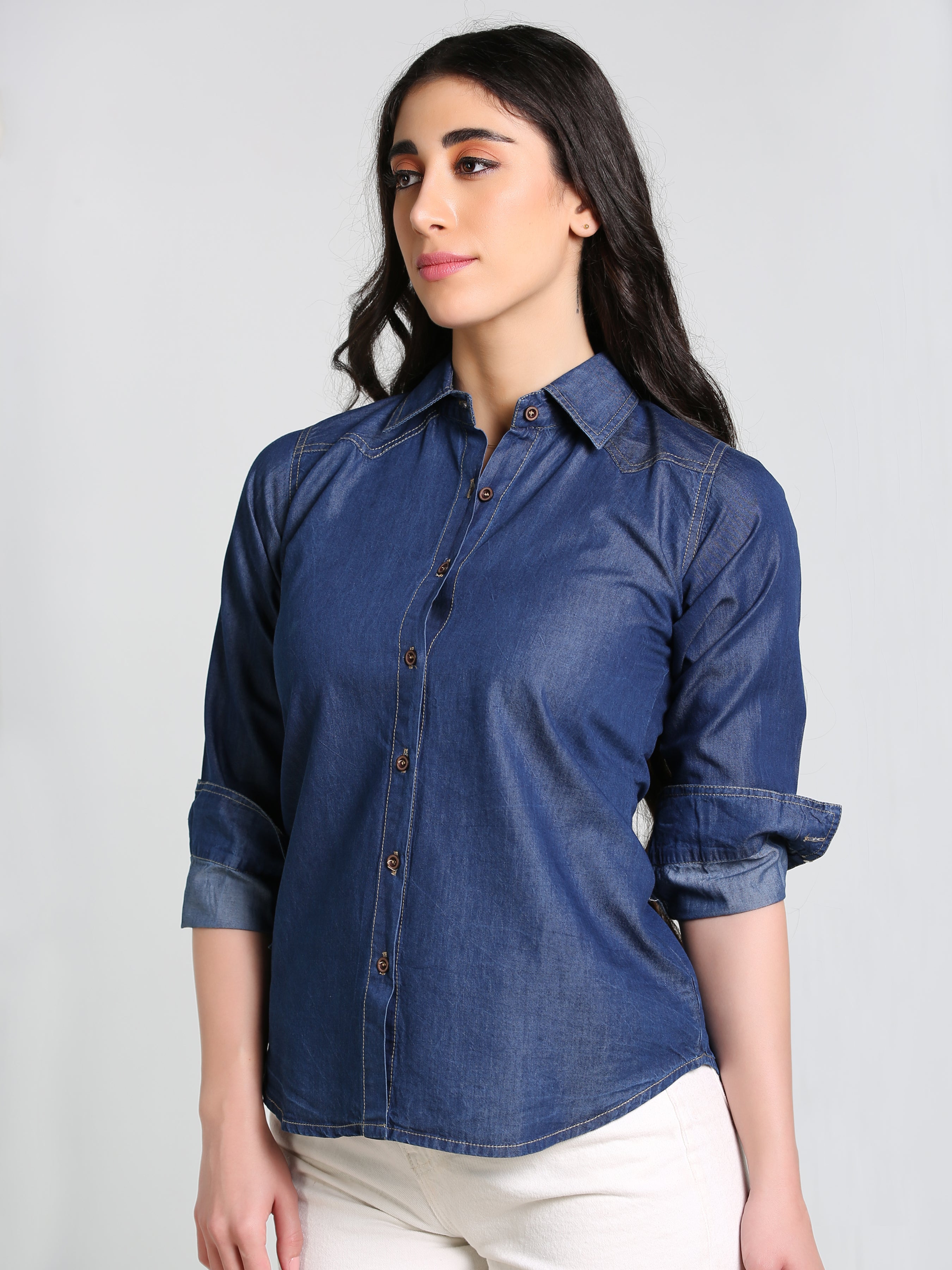 Denim Fawn Stitch Shoulder Patch Solid Shirt