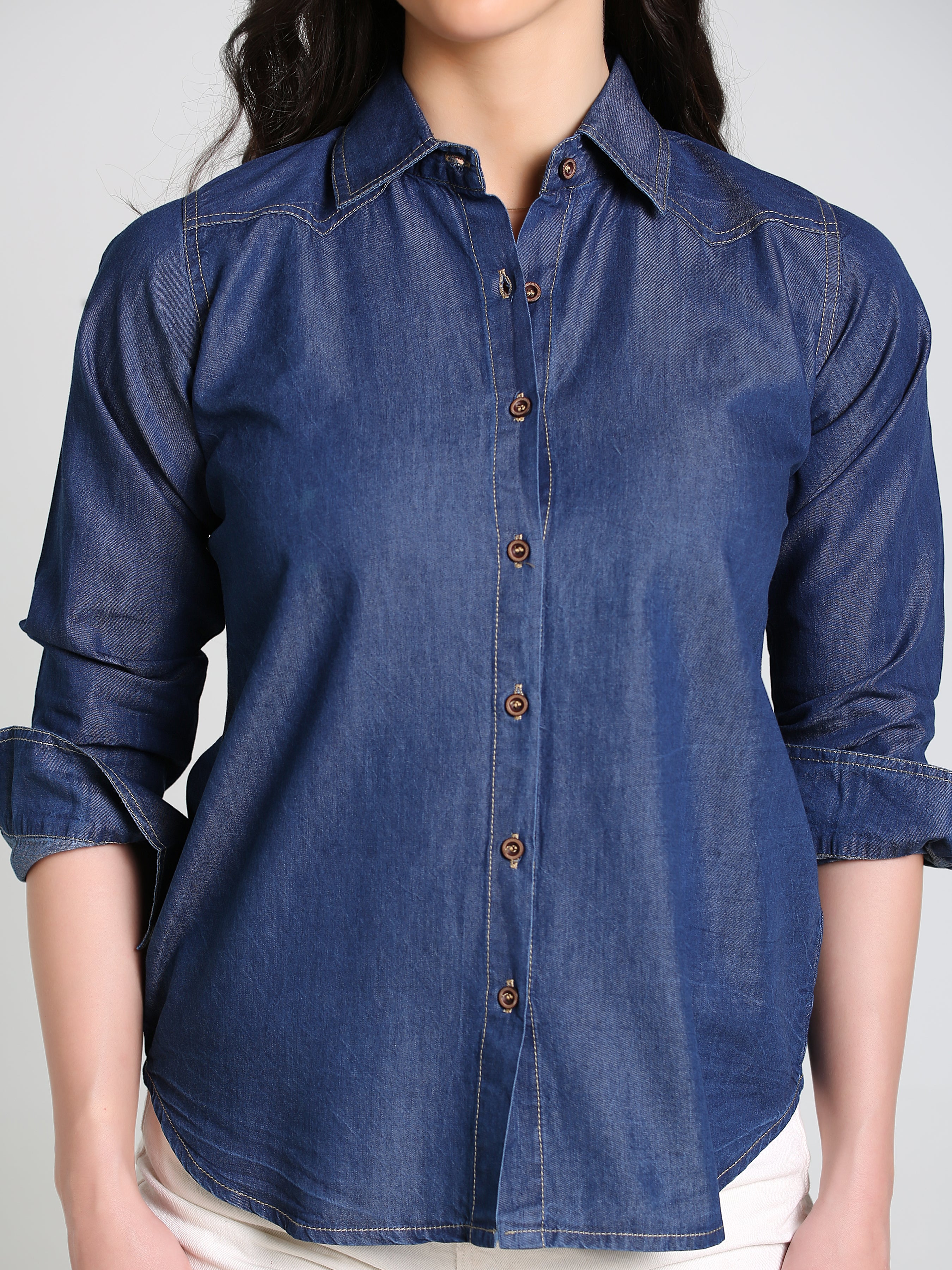 Denim Fawn Stitch Shoulder Patch Solid Shirt