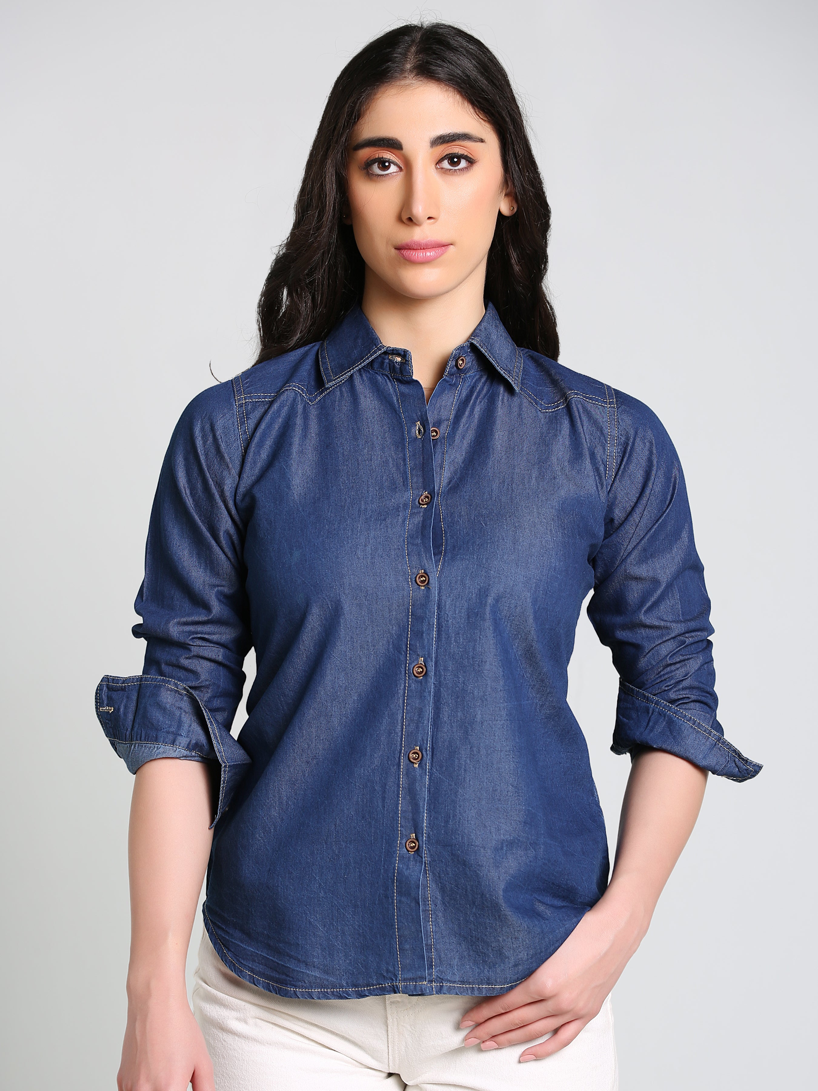 Denim Fawn Stitch Shoulder Patch Solid Shirt