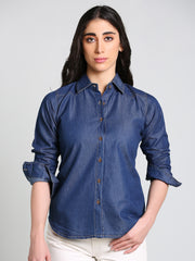 Denim Fawn Stitch Shoulder Patch Solid Shirt