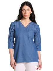 Denim Sold V Neck DMC Stich Kurti