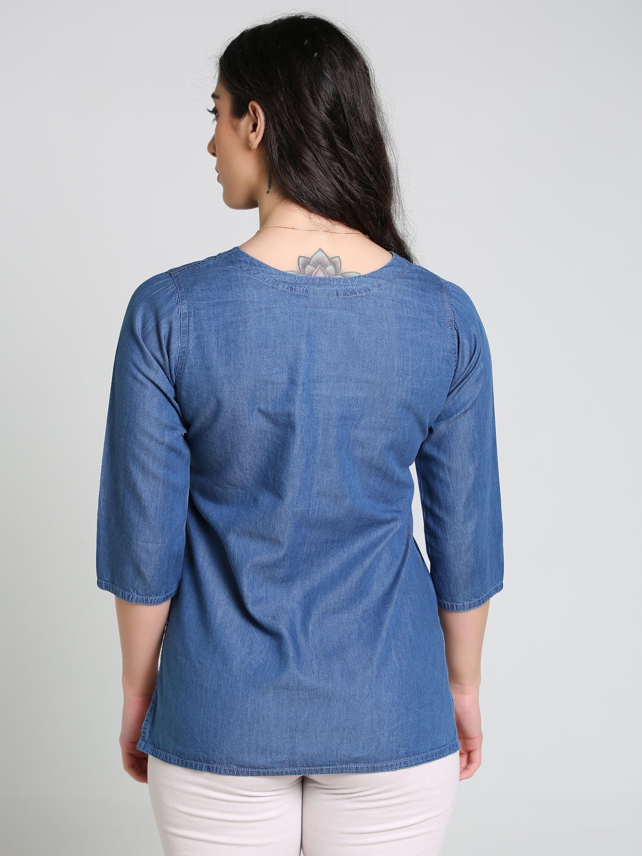 Denim Sold V Neck DMC Stich Kurti