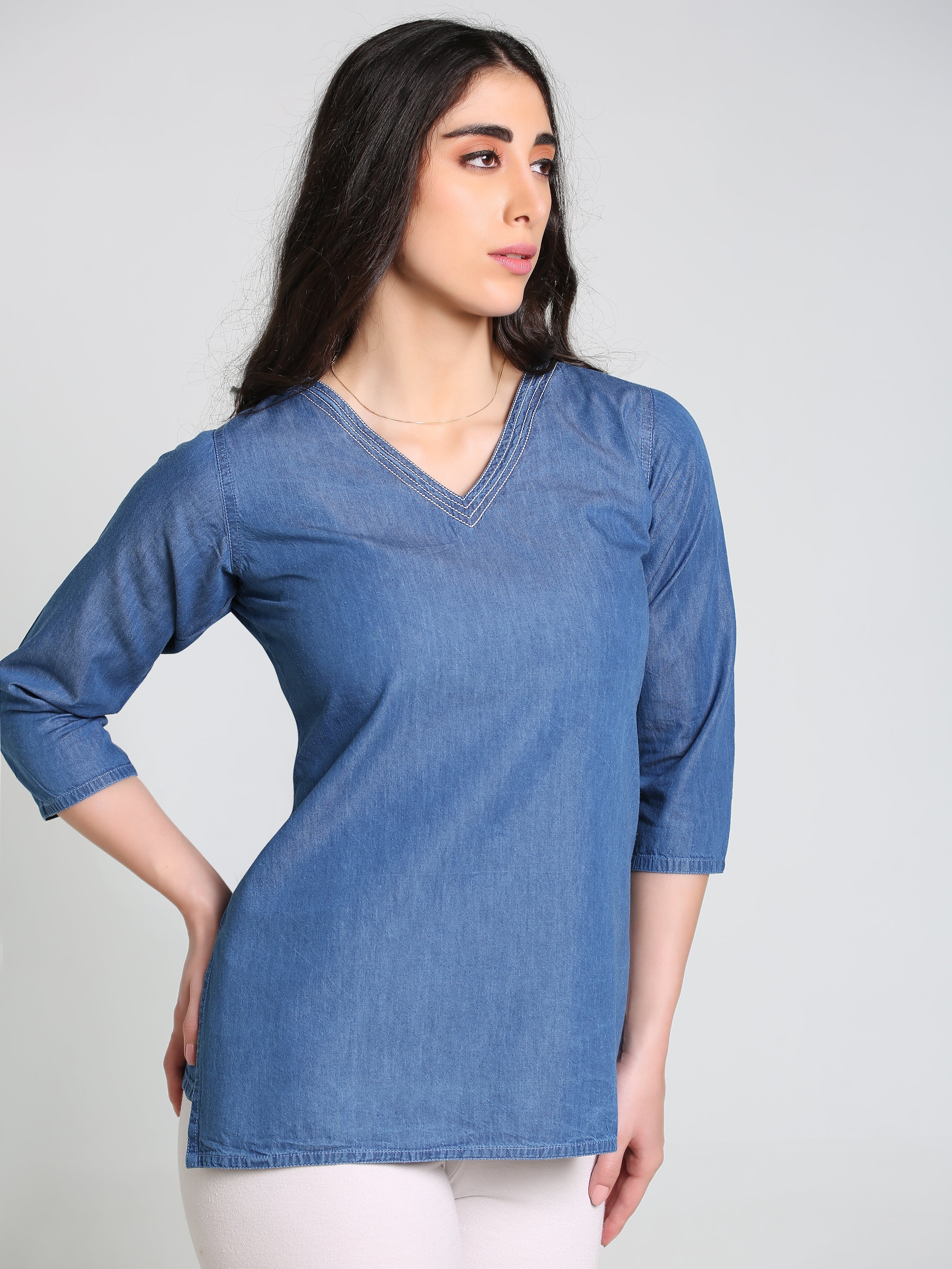 Denim Sold V Neck DMC Stich Kurti