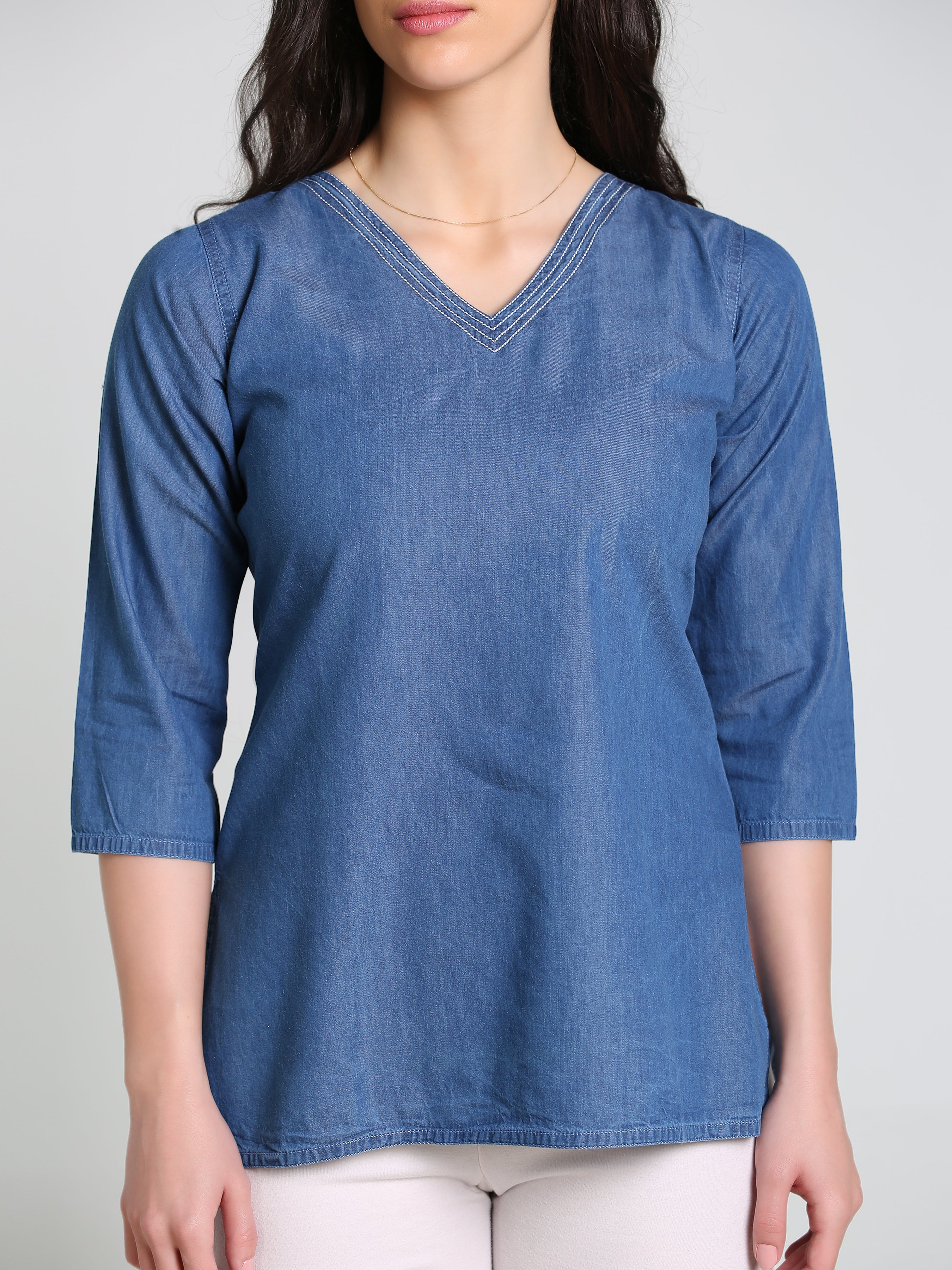 Denim Sold V Neck DMC Stich Kurti