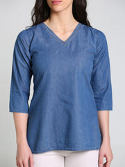 Denim Sold V Neck DMC Stich Kurti