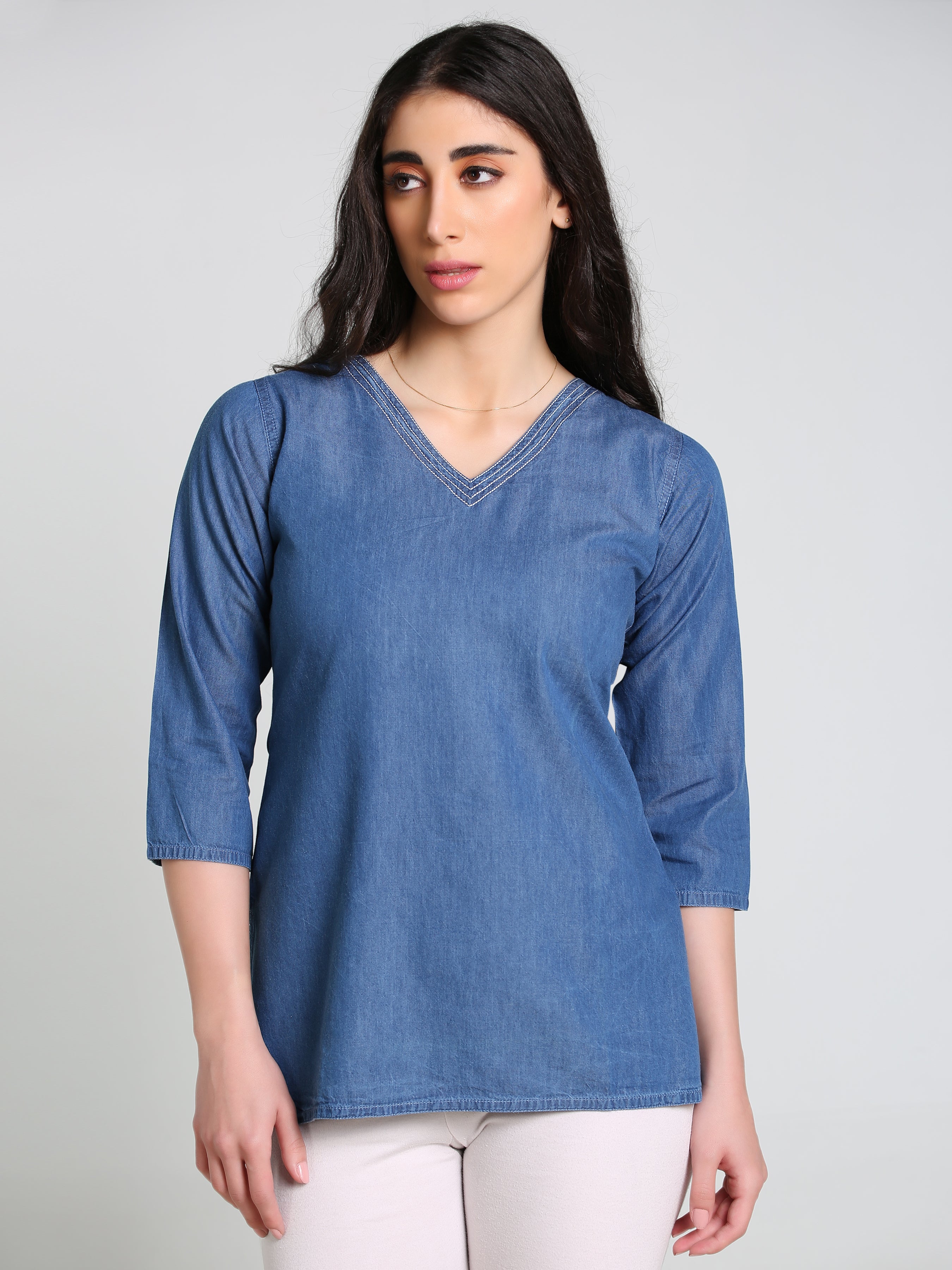 Denim Sold V Neck DMC Stich Kurti