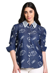 Denim Collar White Laced Overall Bow Printed Shirt