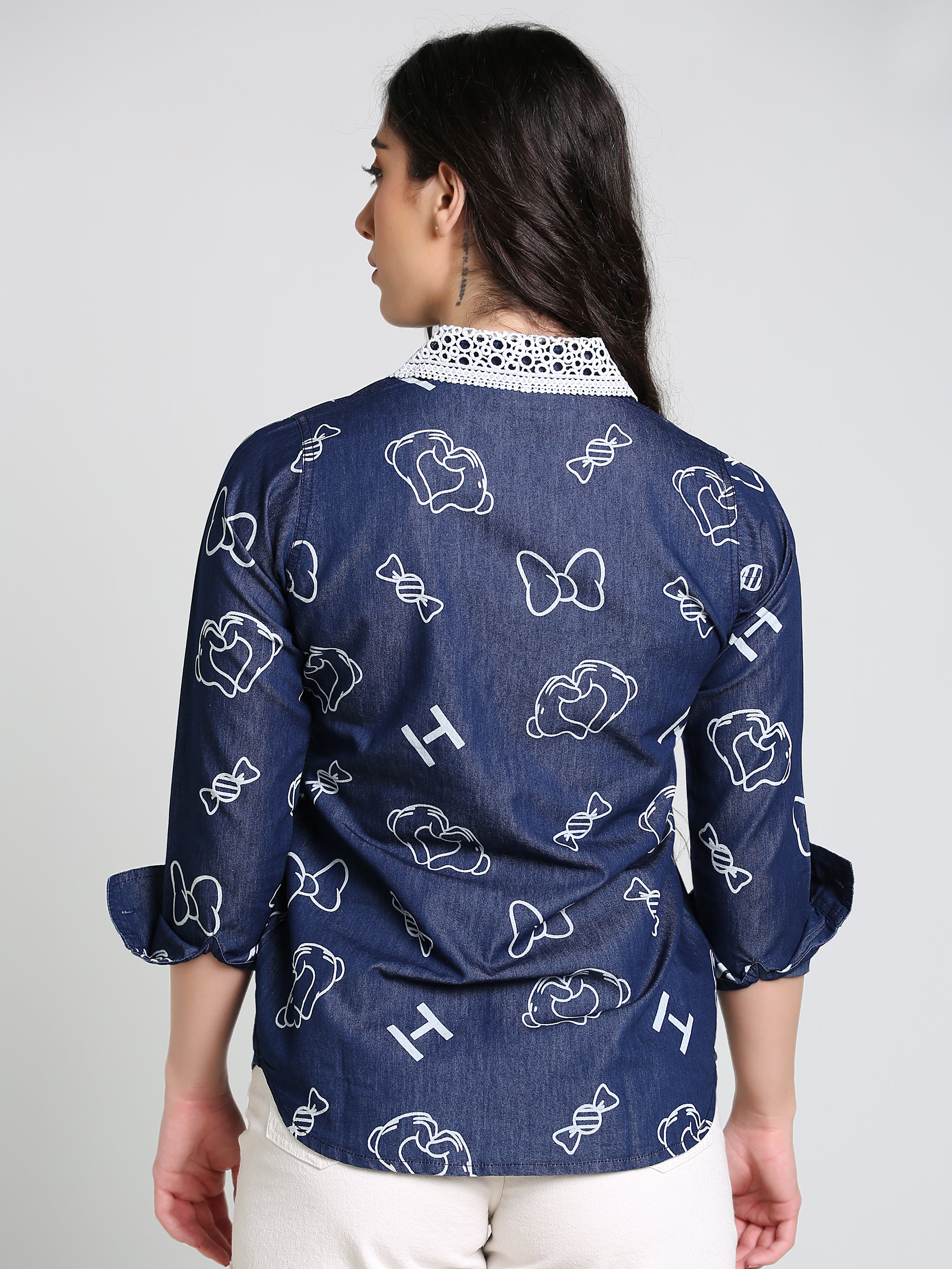 Denim Collar White Laced Overall Bow Printed Shirt