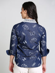 Denim Collar White Laced Overall Bow Printed Shirt