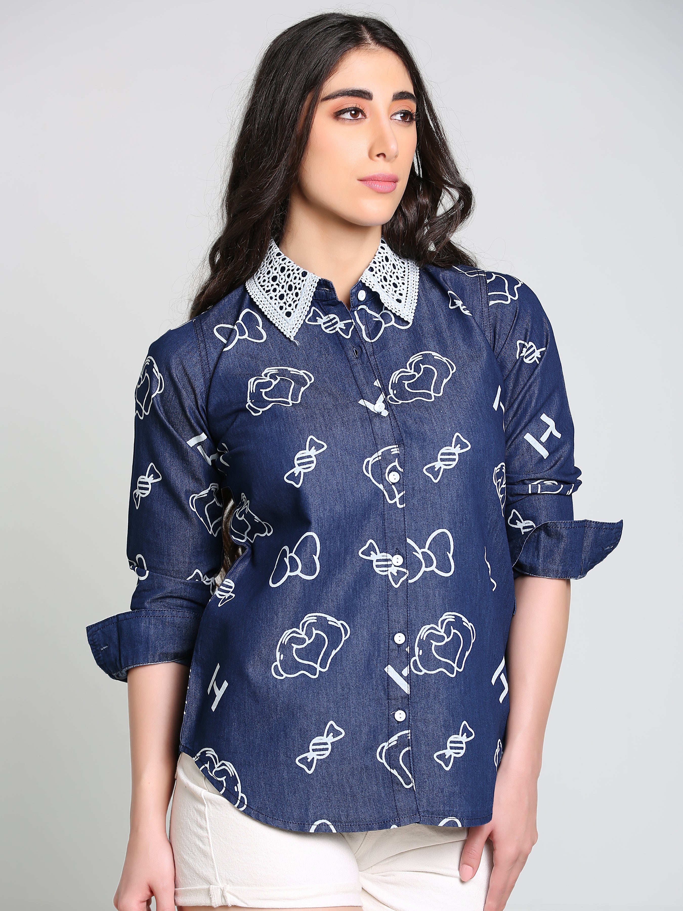 Denim Collar White Laced Overall Bow Printed Shirt