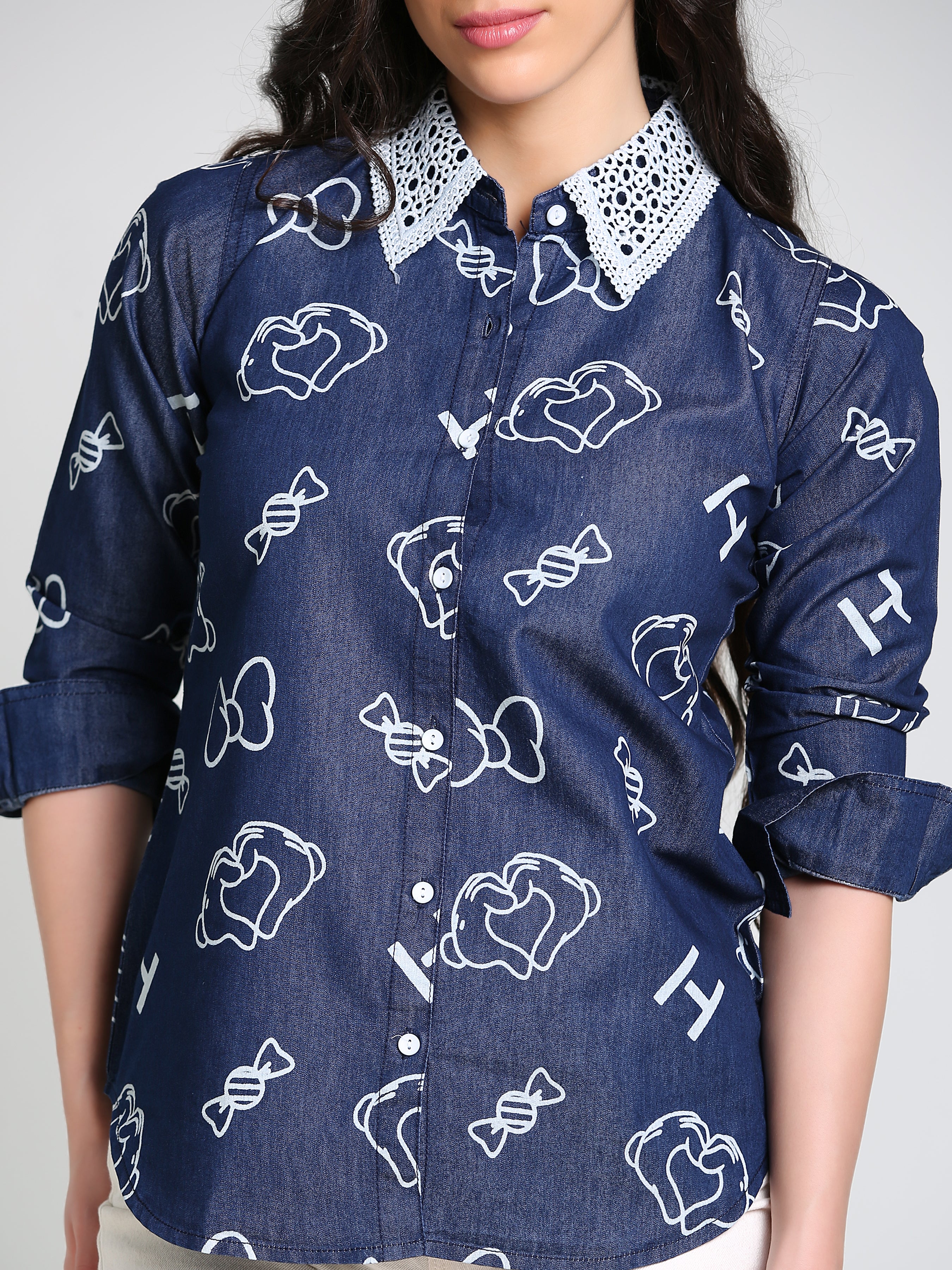 Denim Collar White Laced Overall Bow Printed Shirt