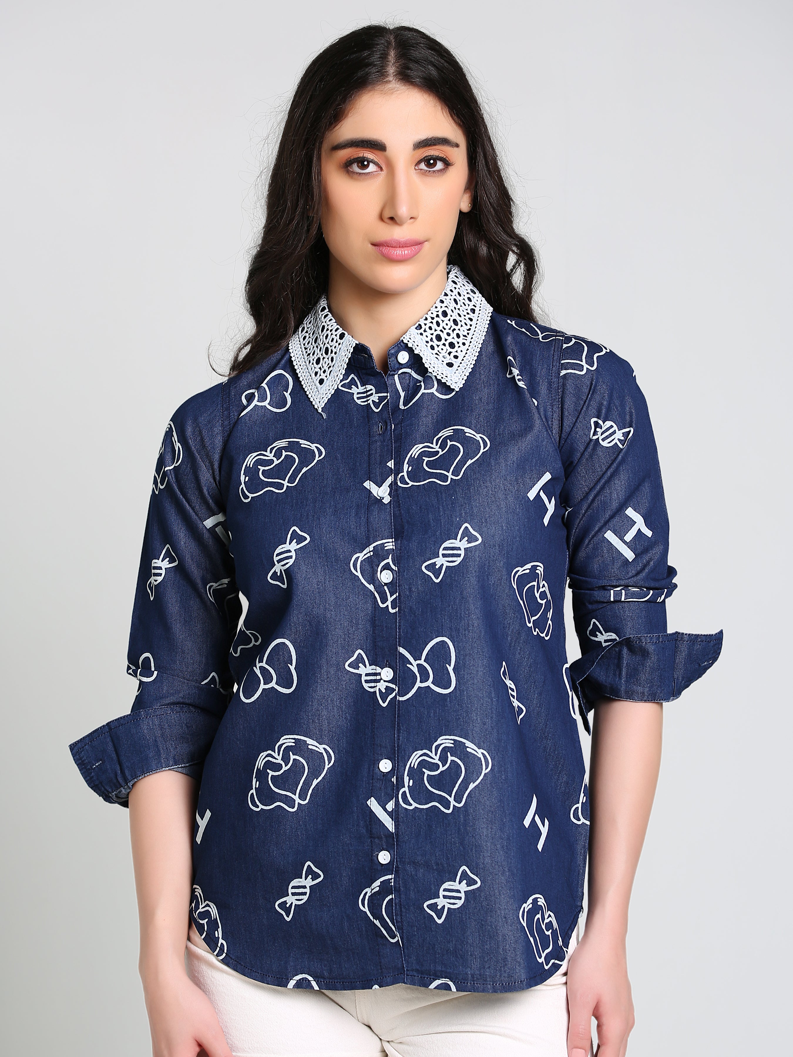 Denim Collar White Laced Overall Bow Printed Shirt