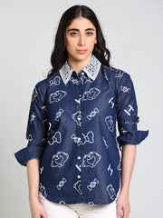 Denim Collar White Laced Overall Bow Printed Shirt