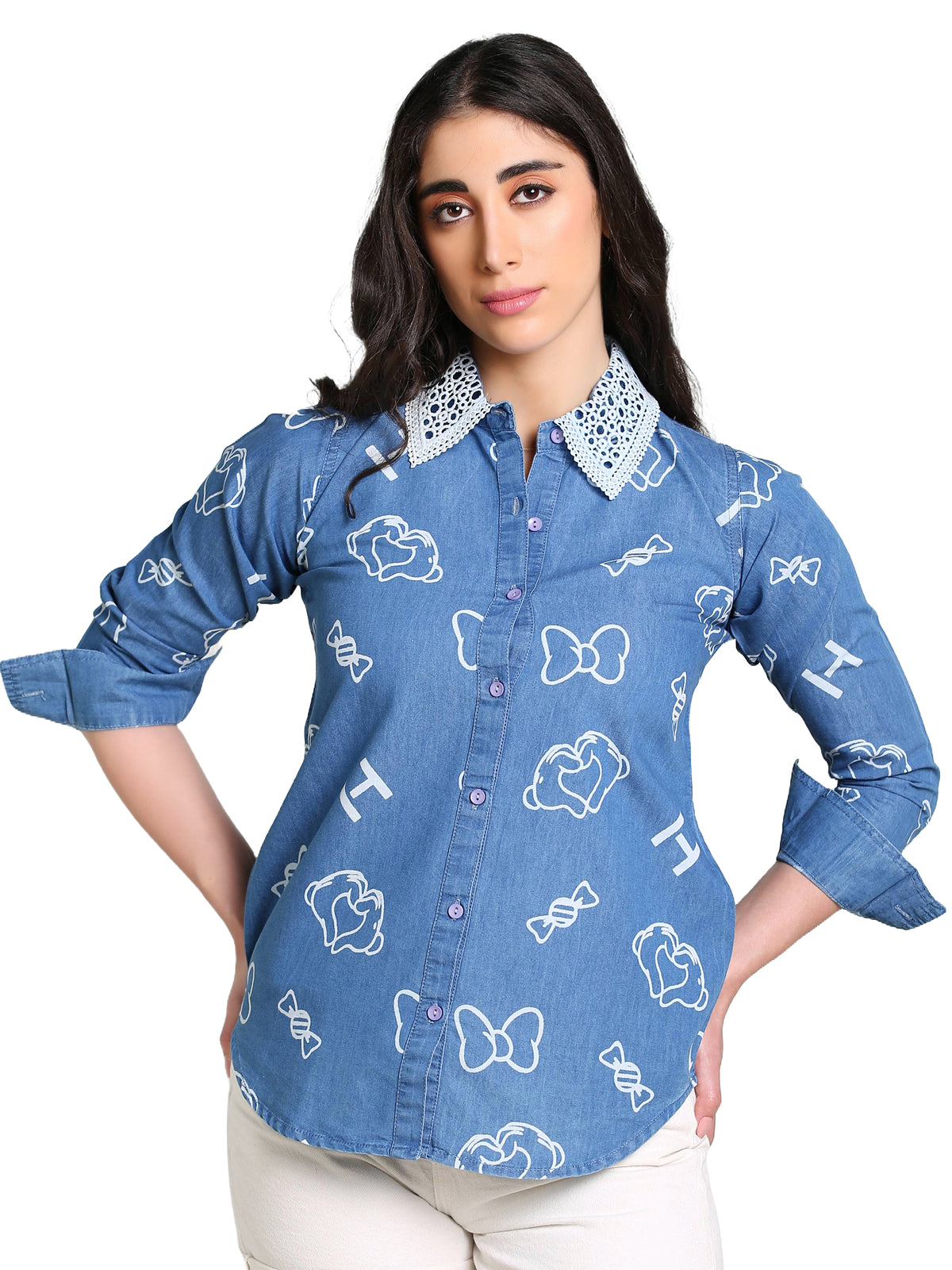 Denim Collar White Laced Overall Bow Printed Shirt