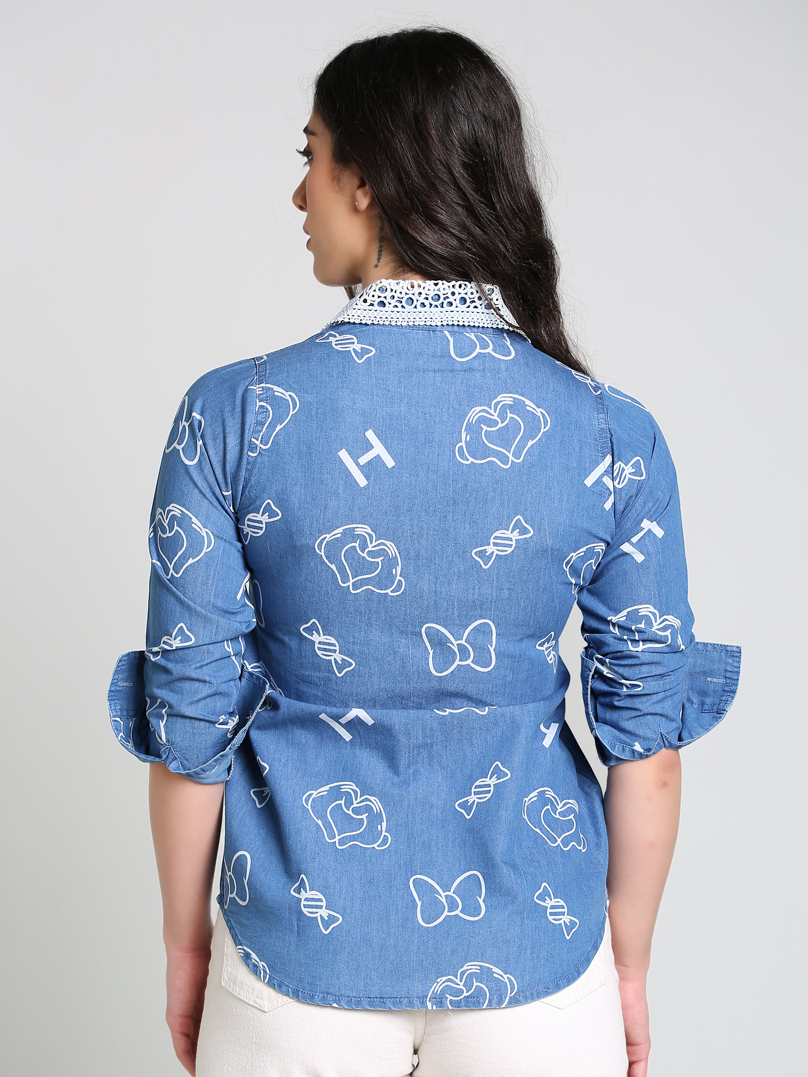 Denim Collar White Laced Overall Bow Printed Shirt