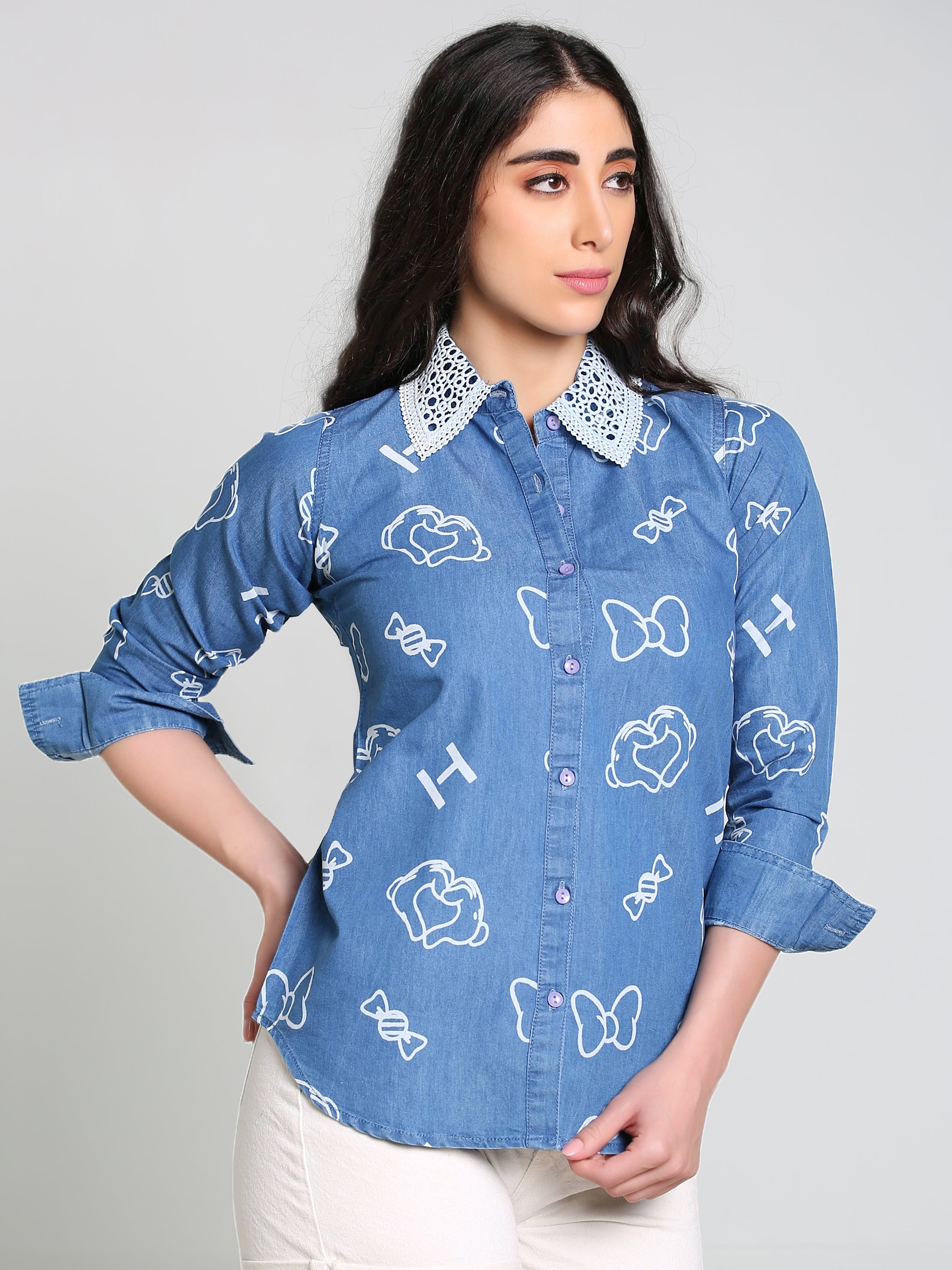 Denim Collar White Laced Overall Bow Printed Shirt