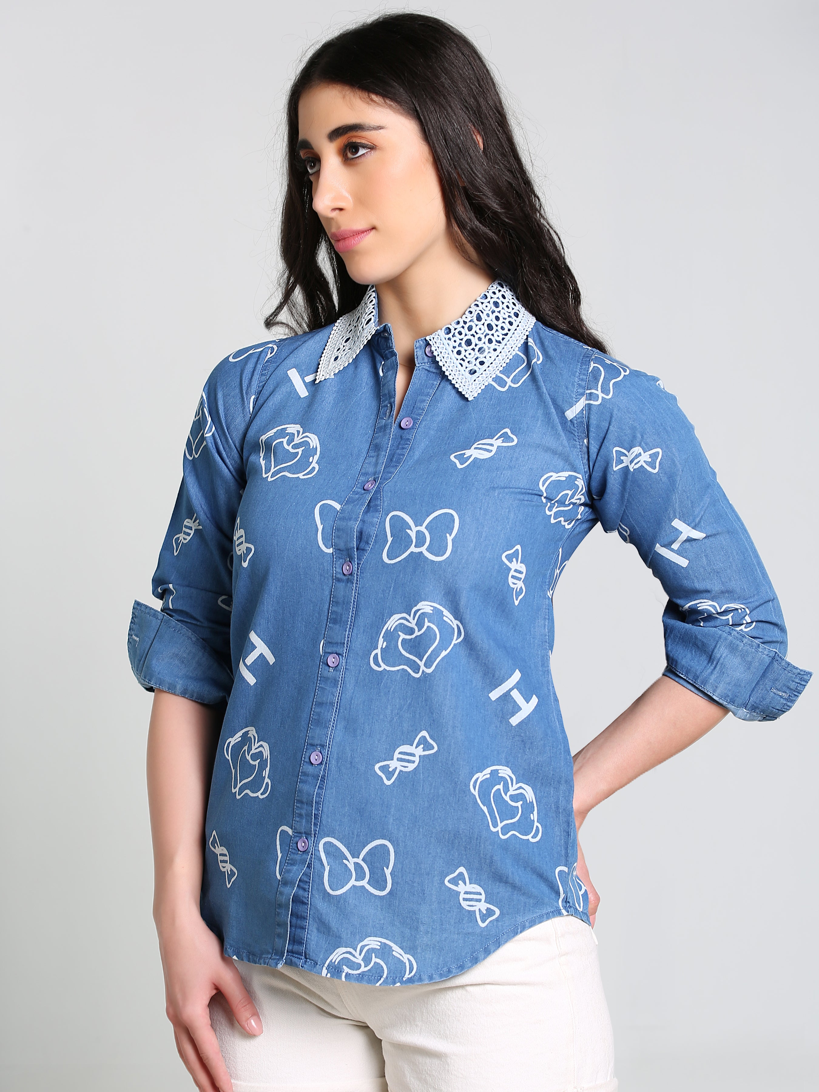 Denim Collar White Laced Overall Bow Printed Shirt