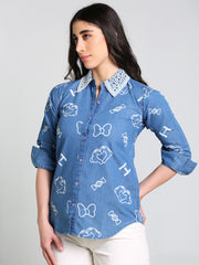 Denim Collar White Laced Overall Bow Printed Shirt