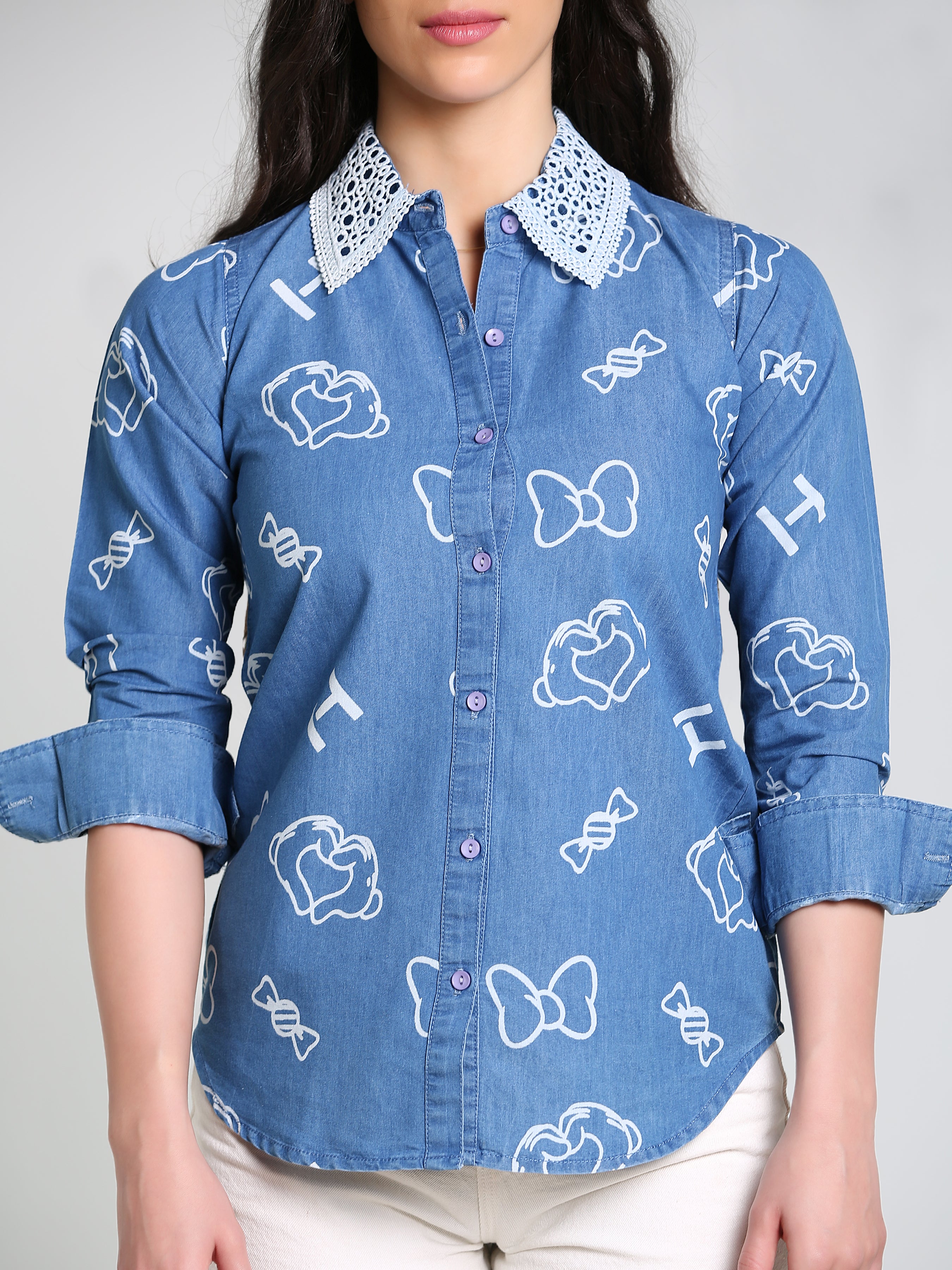 Denim Collar White Laced Overall Bow Printed Shirt