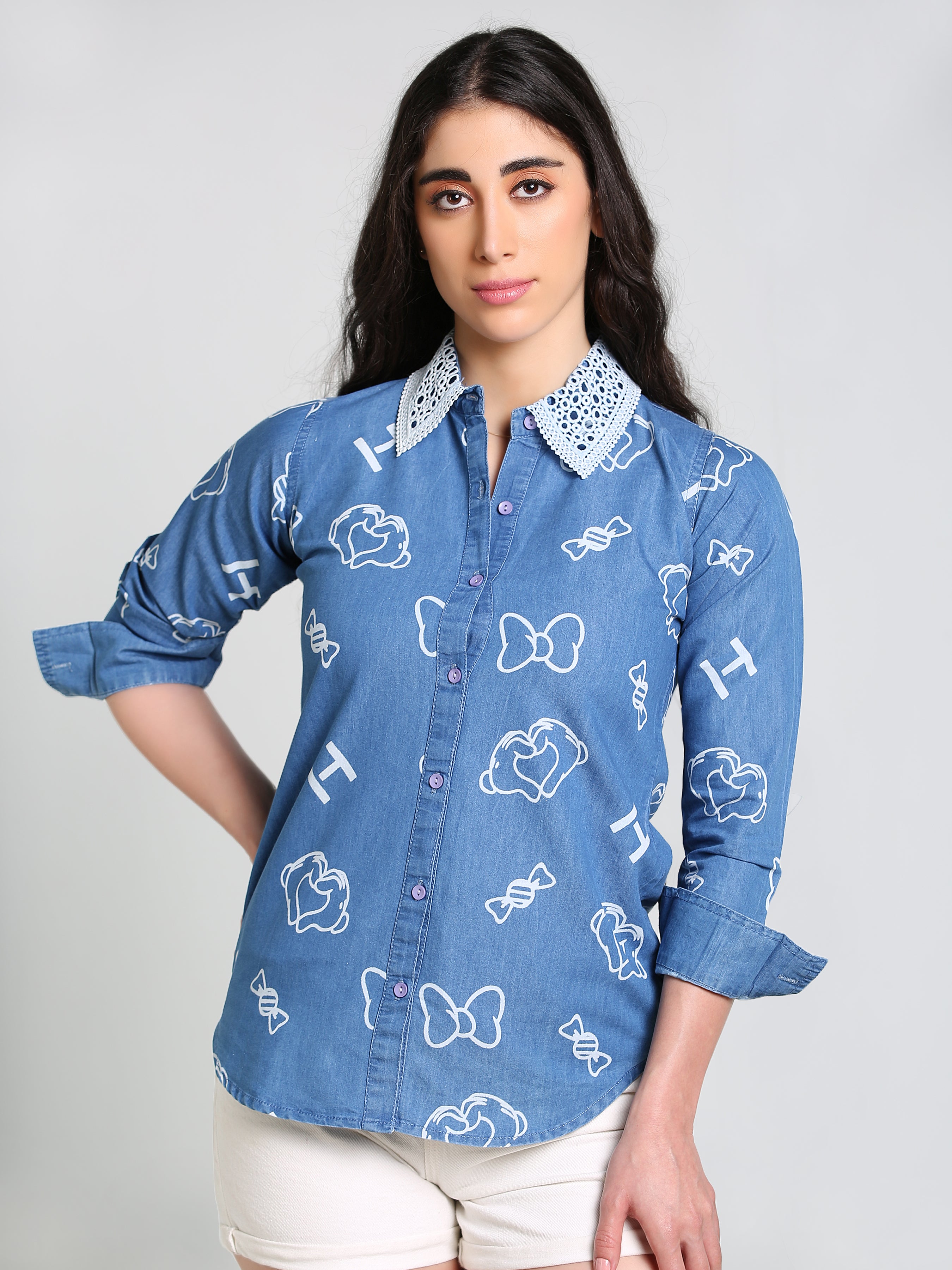 Denim Collar White Laced Overall Bow Printed Shirt