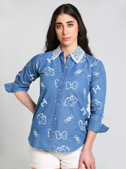 Denim Collar White Laced Overall Bow Printed Shirt