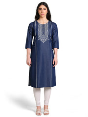 Denim Printed Neck Tabla Strip both side Round Neck Kurta