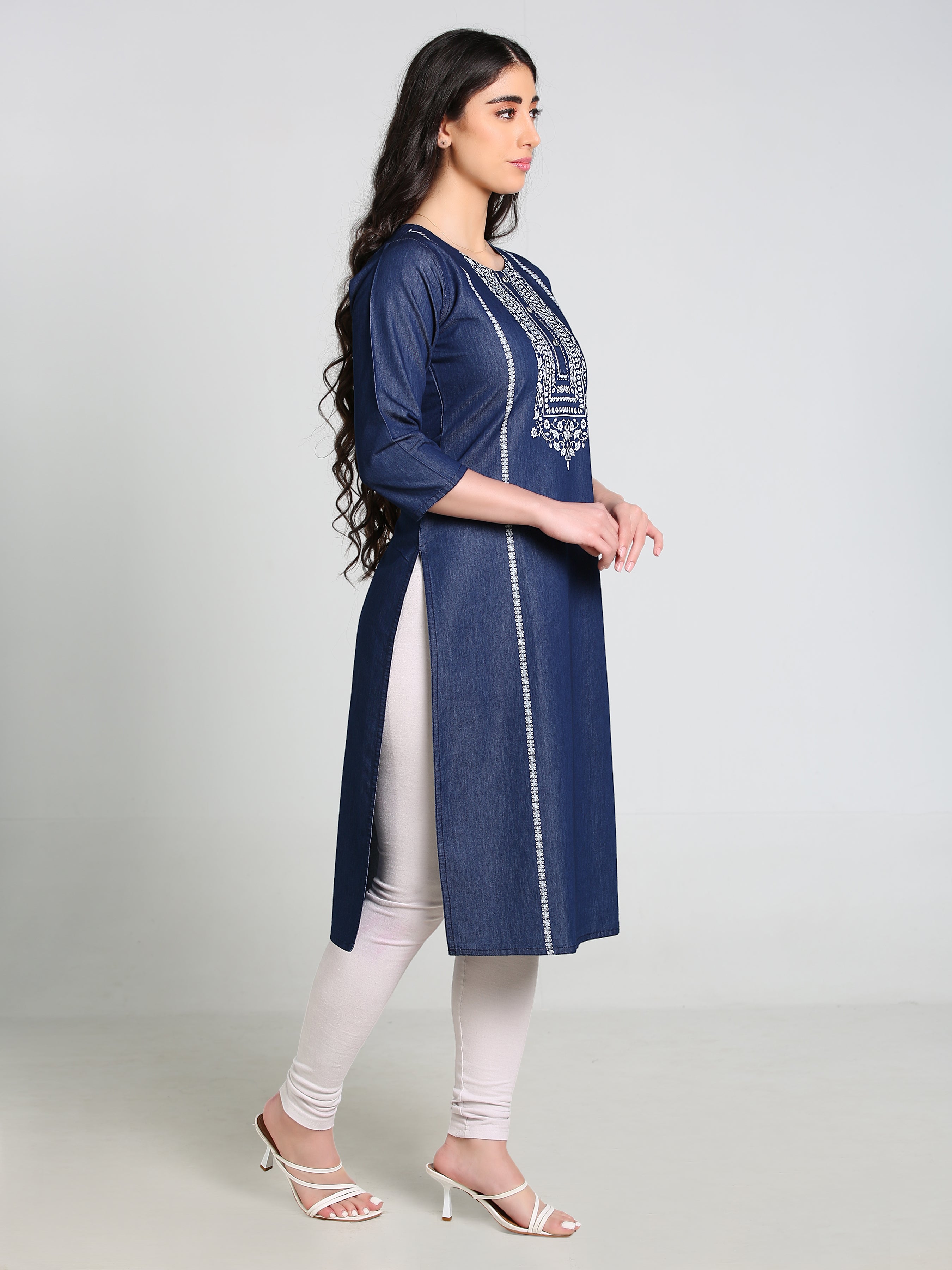 Denim Printed Neck Tabla Strip both side Round Neck Kurta