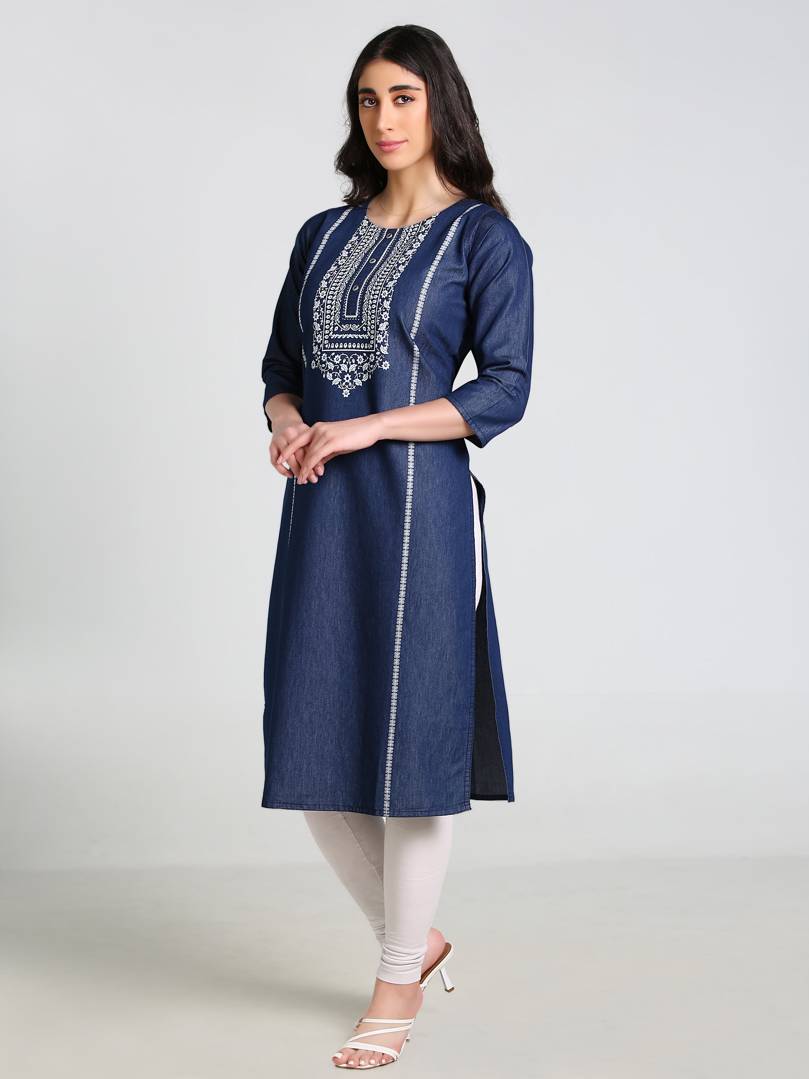 Denim Printed Neck Tabla Strip both side Round Neck Kurta