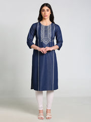 Denim Printed Neck Tabla Strip both side Round Neck Kurta