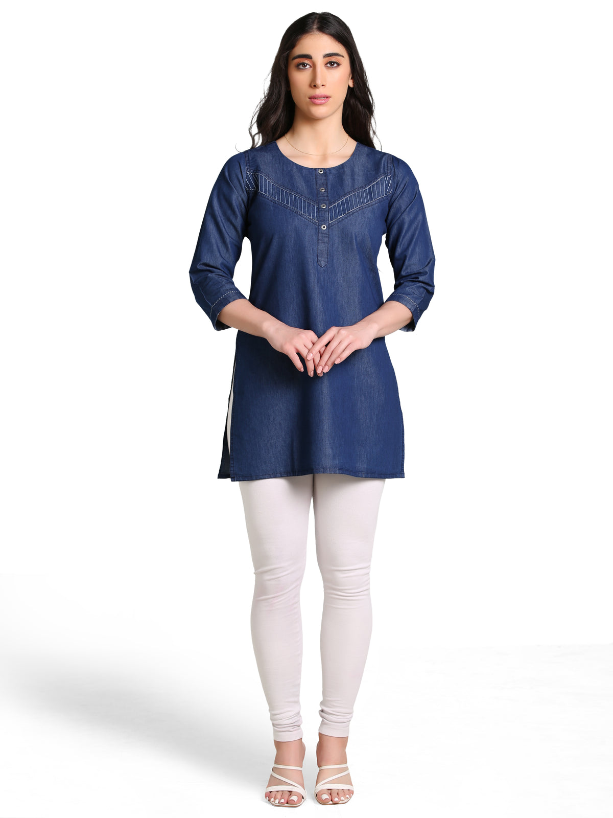 Denim  Solid DMC Kurta Patti Dori Round Neck Kurti