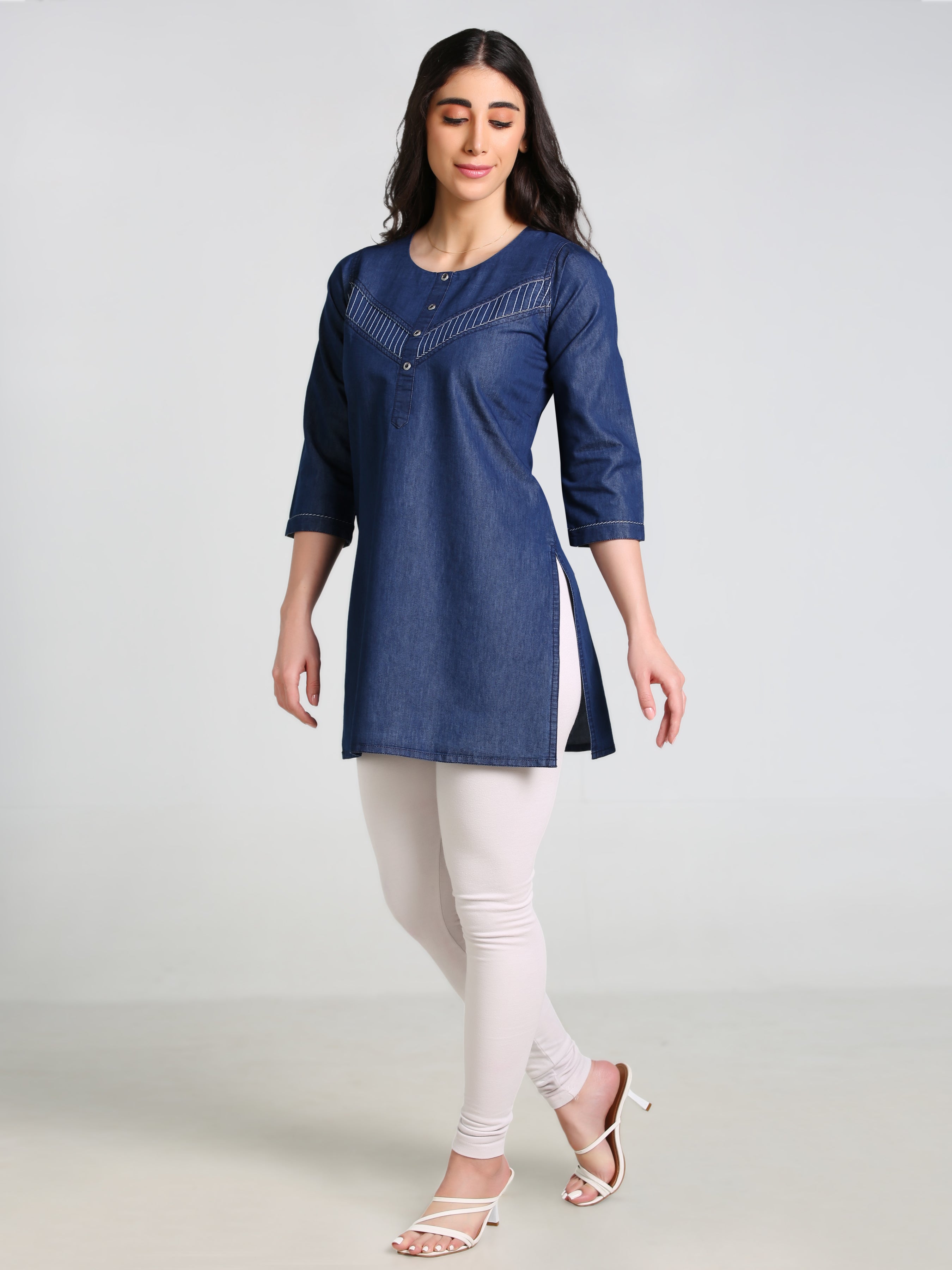 Denim  Solid DMC Kurta Patti Dori Round Neck Kurti