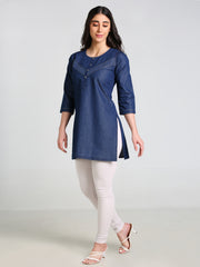 Denim  Solid DMC Kurta Patti Dori Round Neck Kurti