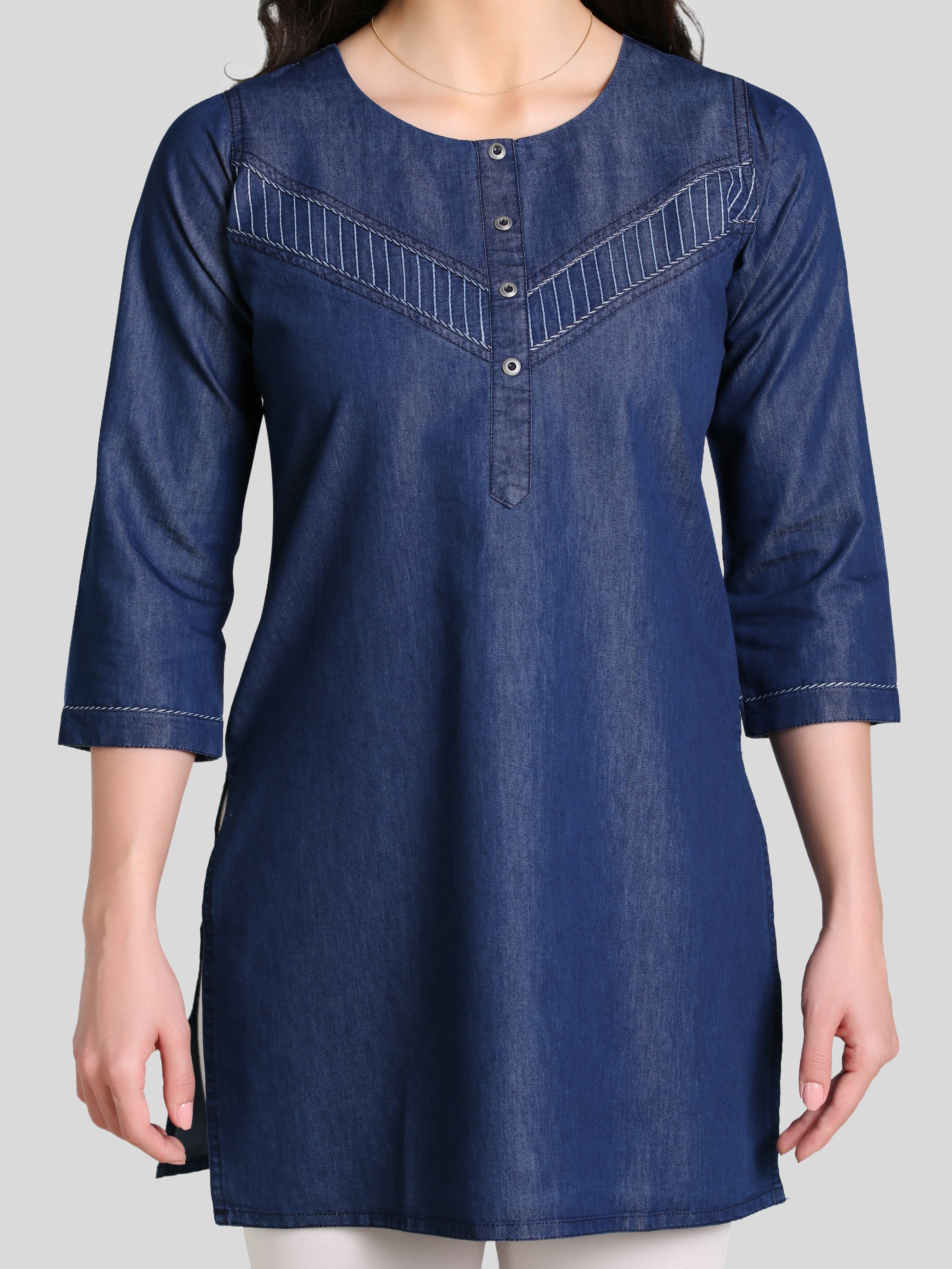 Denim  Solid DMC Kurta Patti Dori Round Neck Kurti