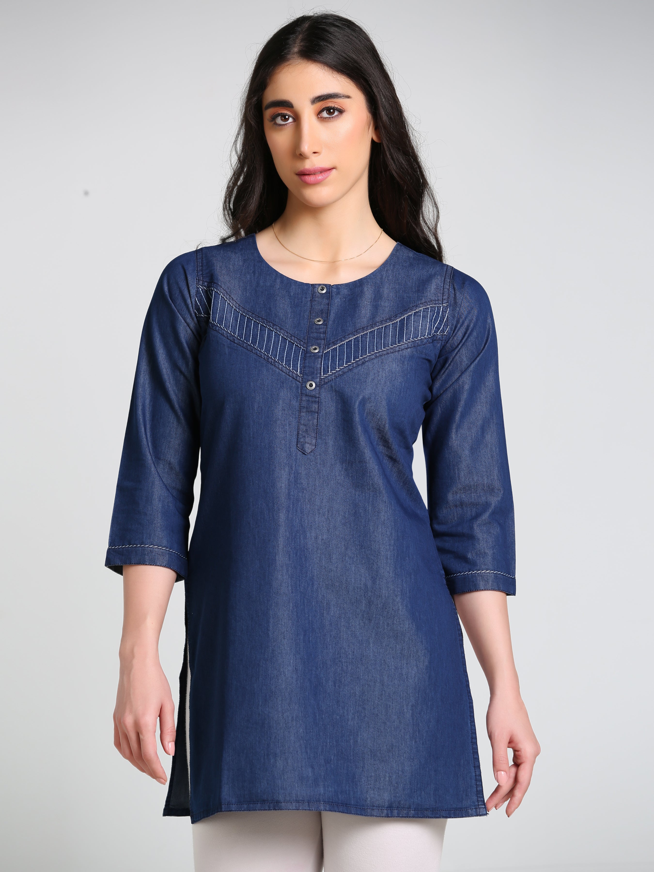 Denim  Solid DMC Kurta Patti Dori Round Neck Kurti