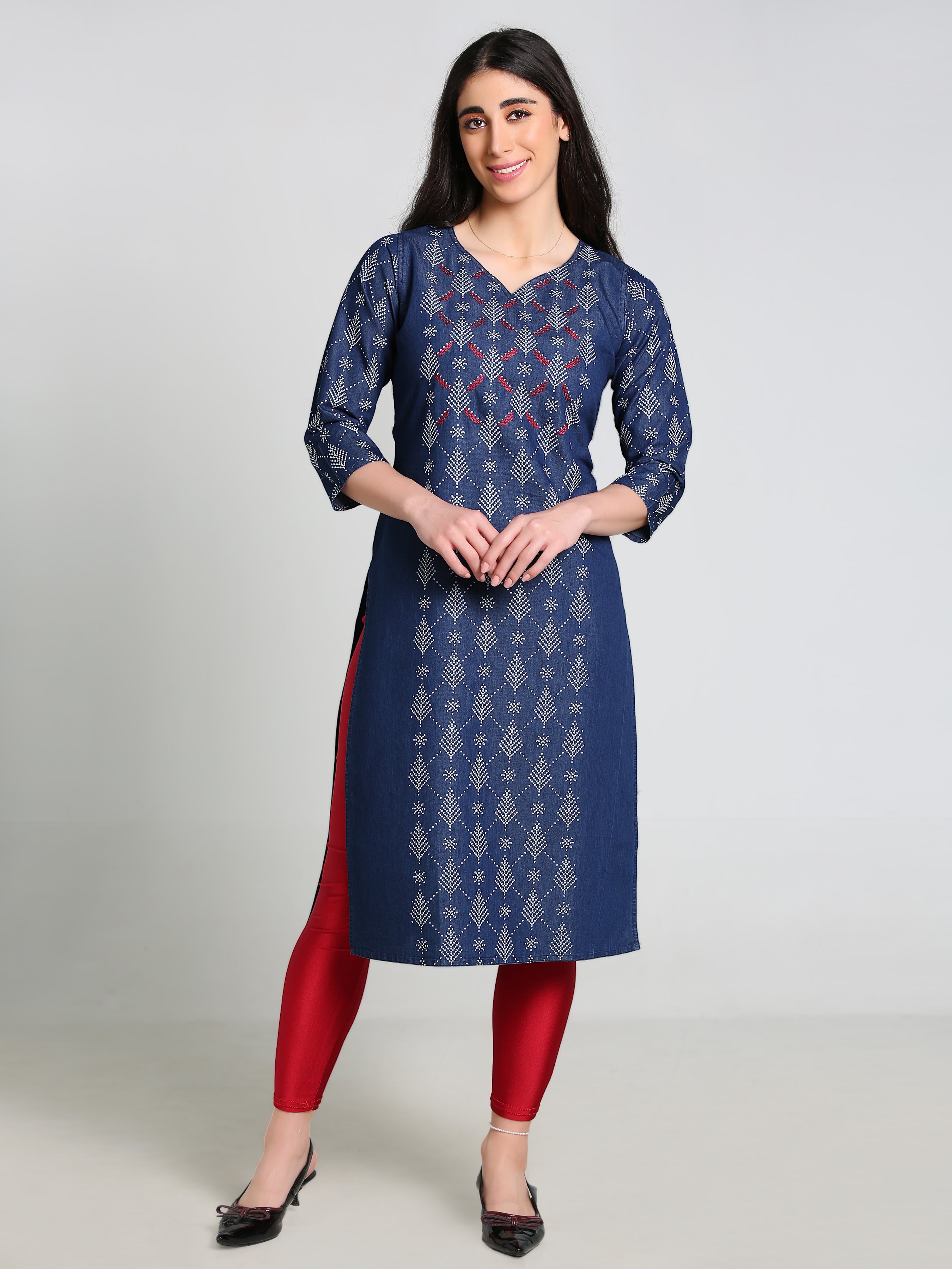 Denim Printed with Embroidered Full Panel Round V Neck Kurta