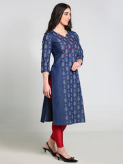 Denim Printed with Embroidered Full Panel Round V Neck Kurta