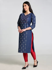 Denim Printed with Embroidered Full Panel Round V Neck Kurta