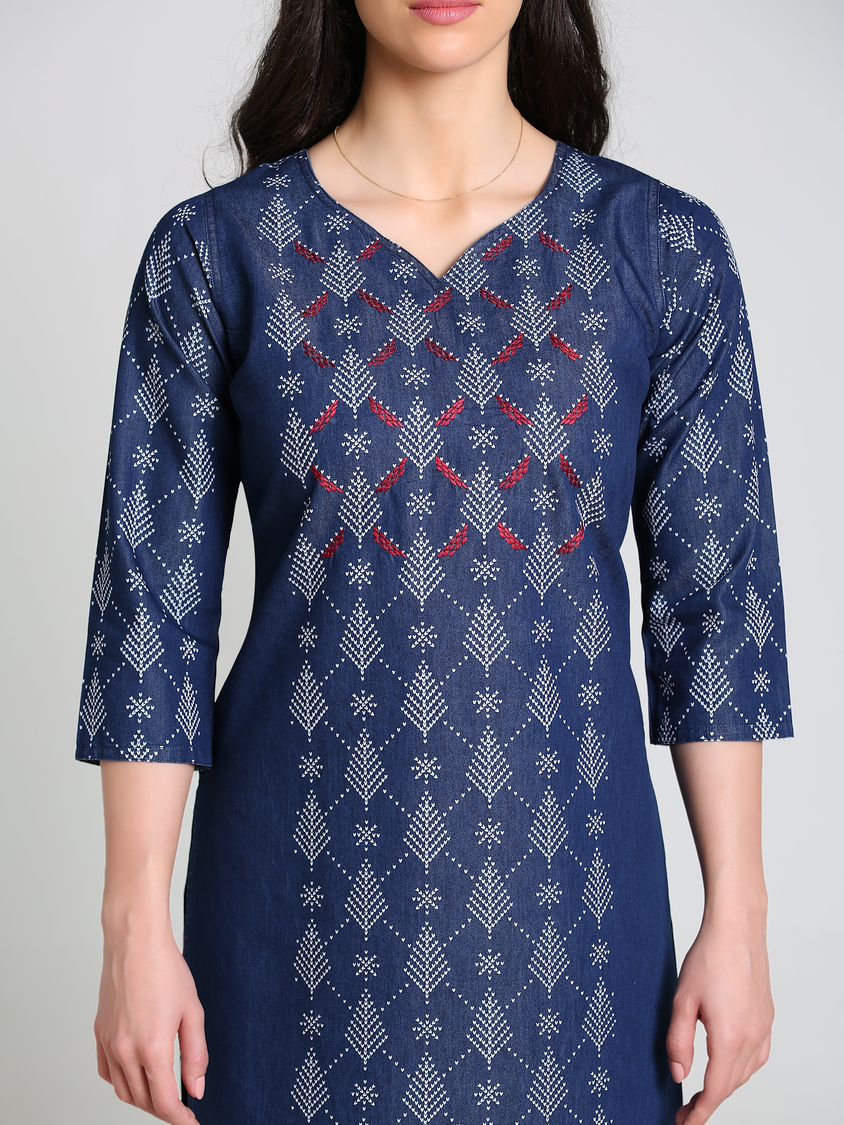Denim Printed with Embroidered Full Panel Round V Neck Kurta