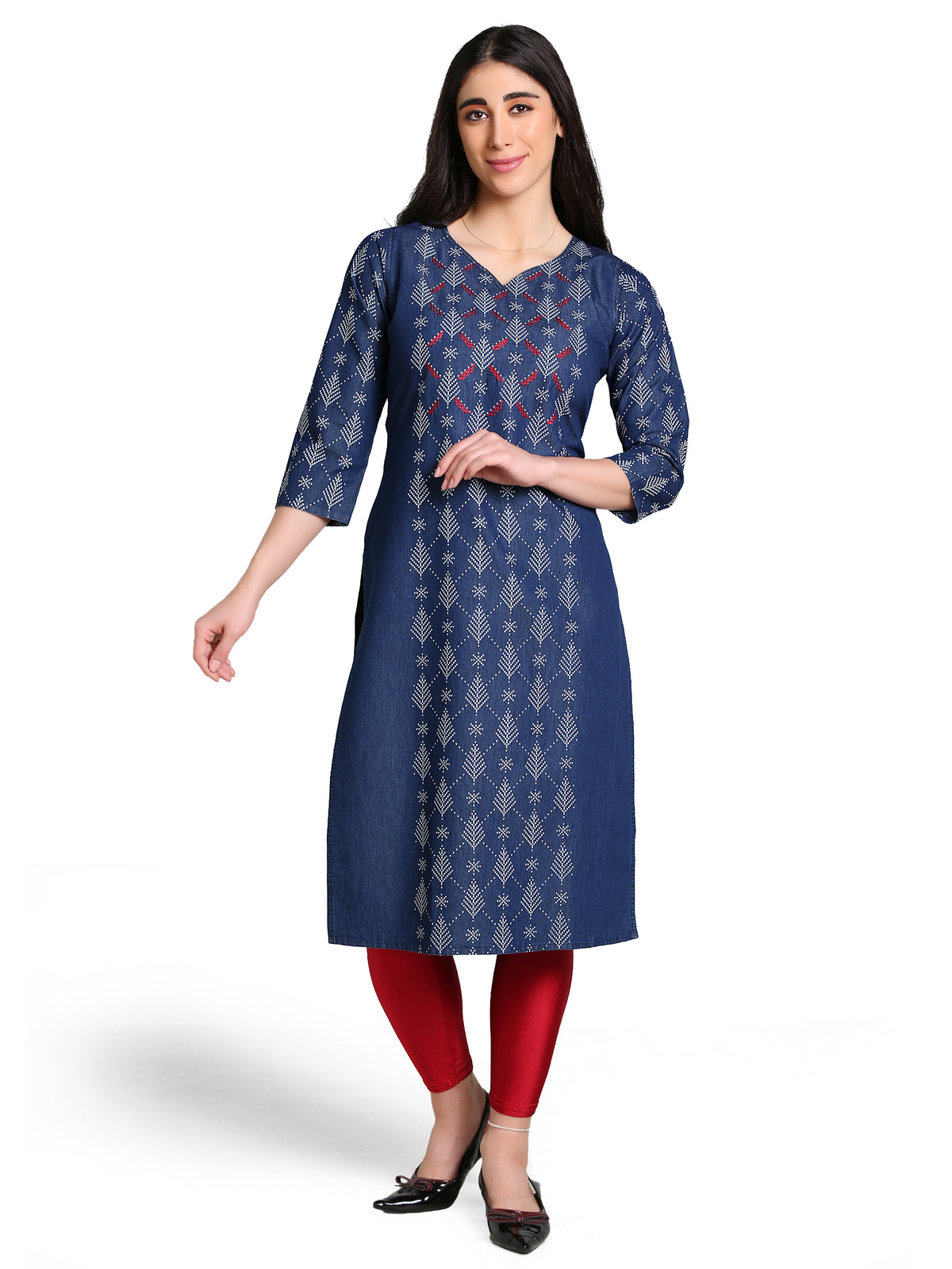 Denim Printed with Embroidered Full Panel Round V Neck Kurta