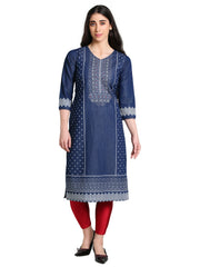 Denim Printed with Embroidered Tabla Both side bottom Panel Round Neck Kurta