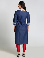 Denim Printed with Embroidered Tabla Both side bottom Panel Round Neck Kurta