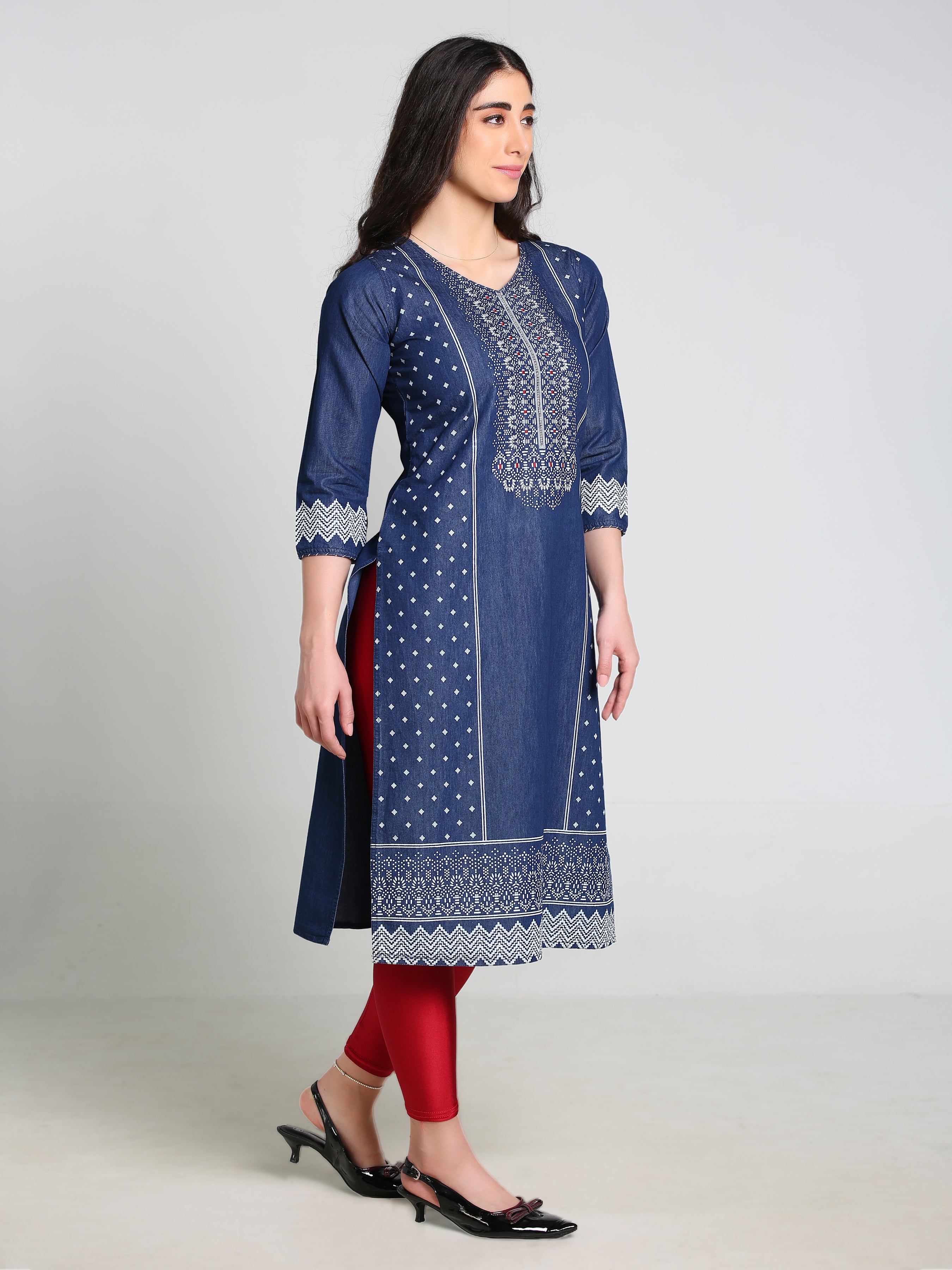 Denim Printed with Embroidered Tabla Both side bottom Panel Round Neck Kurta