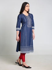 Denim Printed with Embroidered Tabla Both side bottom Panel Round Neck Kurta