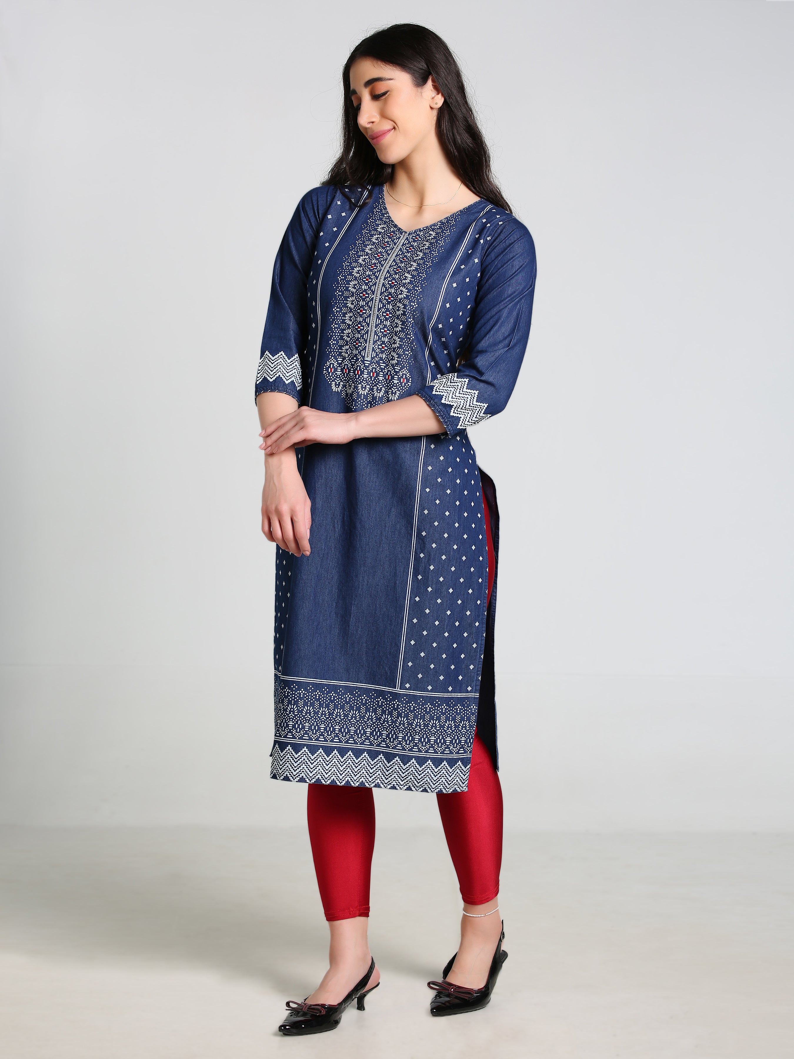 Denim Printed with Embroidered Tabla Both side bottom Panel Round Neck Kurta