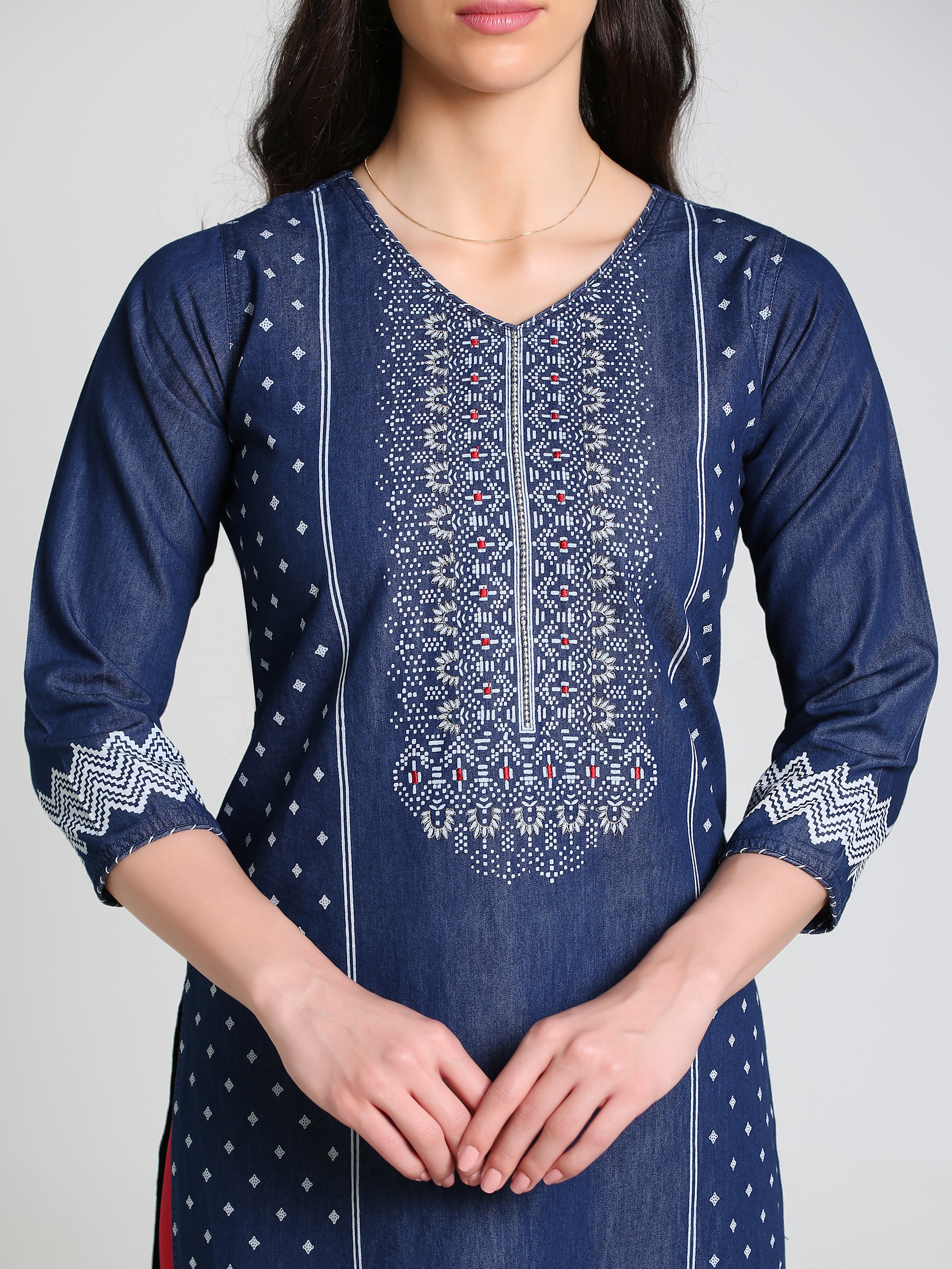 Denim Printed with Embroidered Tabla Both side bottom Panel Round Neck Kurta
